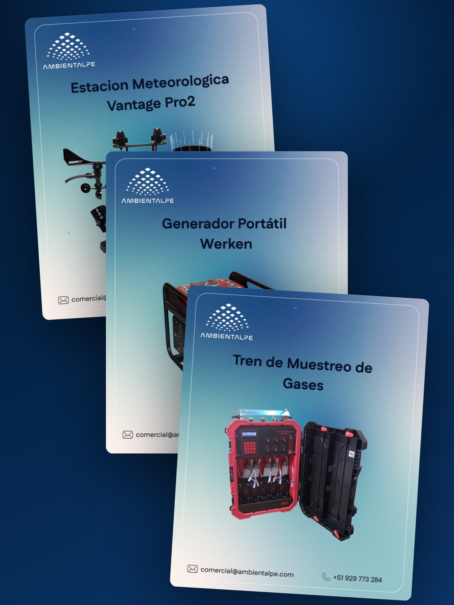 AmbientalPE — fichas de catálogo para redes: estación meteorológica, generador portátil y tren de muestreo de gases, con el mismo molde