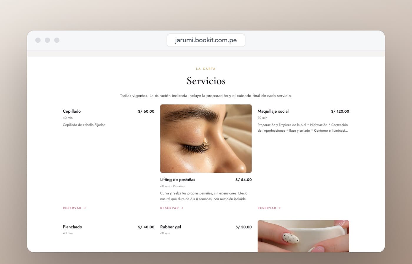 Beautyroom by Jaru: la carta de servicios, con la tarifa y la duración de cada uno