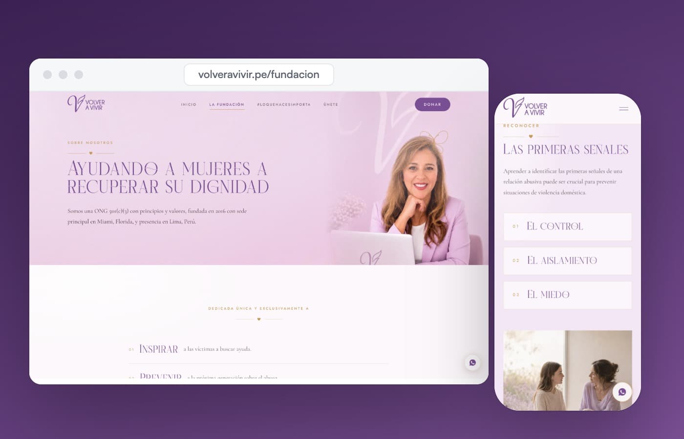 Volver a Vivir: la página de la fundación, en escritorio y en el celular