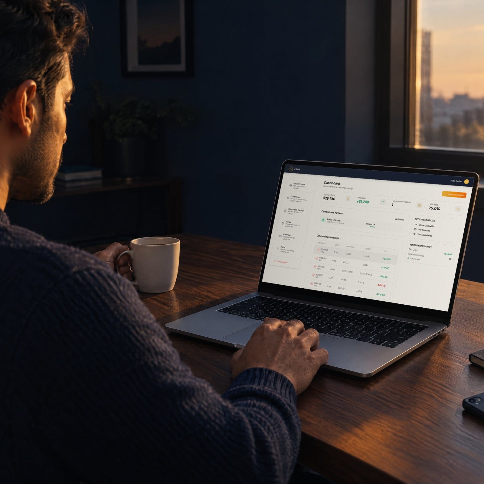 Al amanecer, un trader revisa en su laptop el panel de Feniz: balance, resultado, conexiones y últimos movimientos
