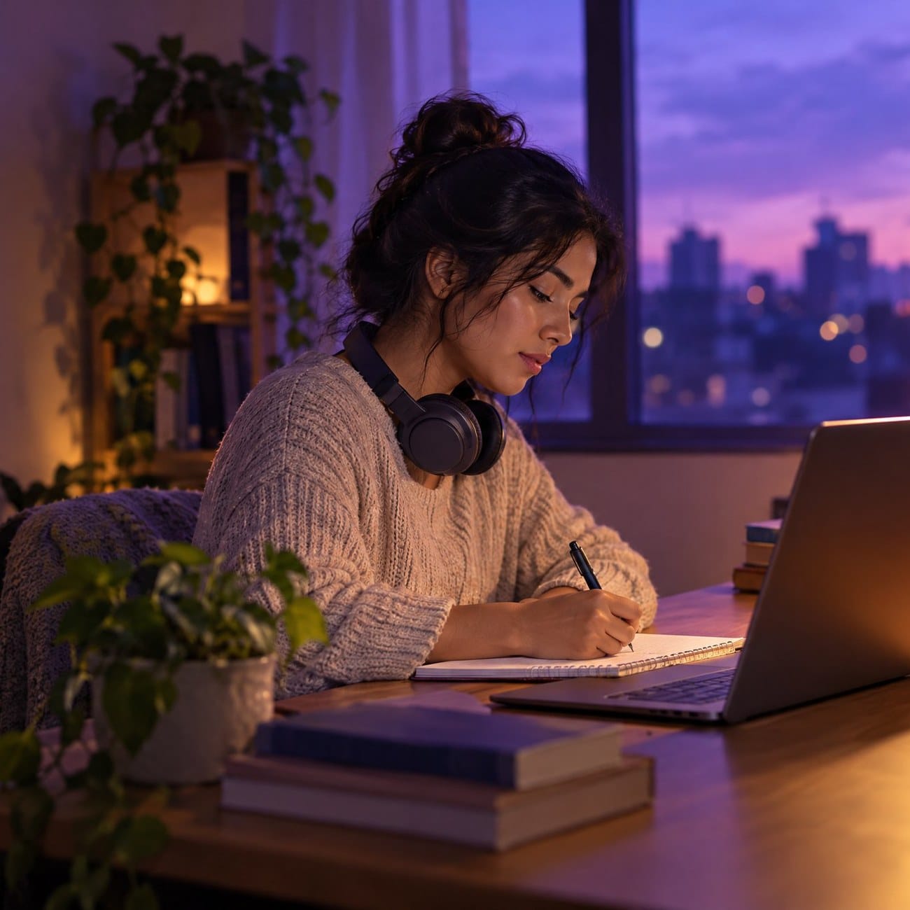Una alumna estudia de noche frente a su laptop, con la ciudad detrás