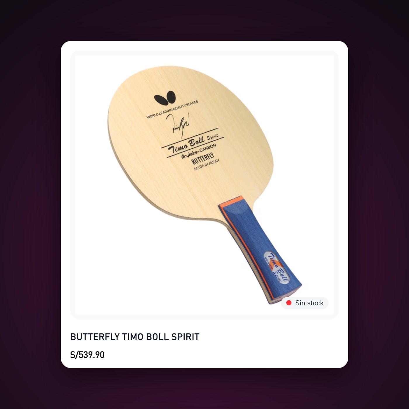 Tarjeta real de la paleta Butterfly Timo Boll Spirit en anjsports.com, con la etiqueta «Sin stock»
