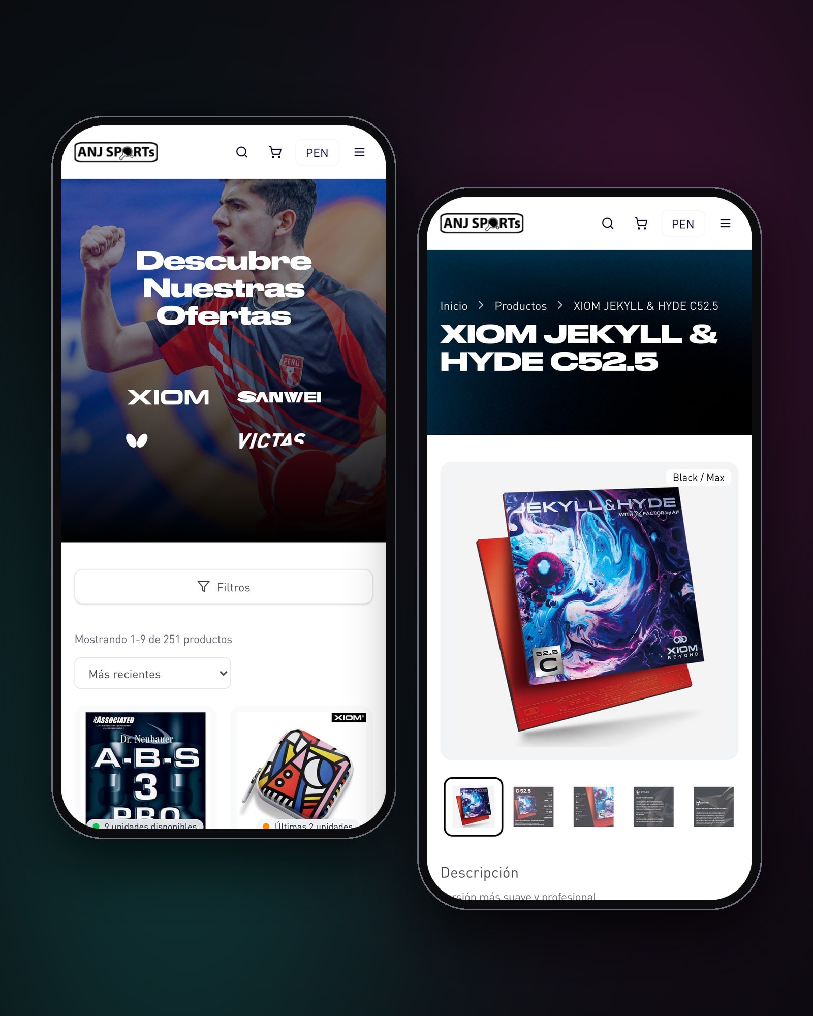 Tres celulares con anjsports.com: la colección de ropa XIOM 2026, el catálogo con sus filtros y la ficha de una goma