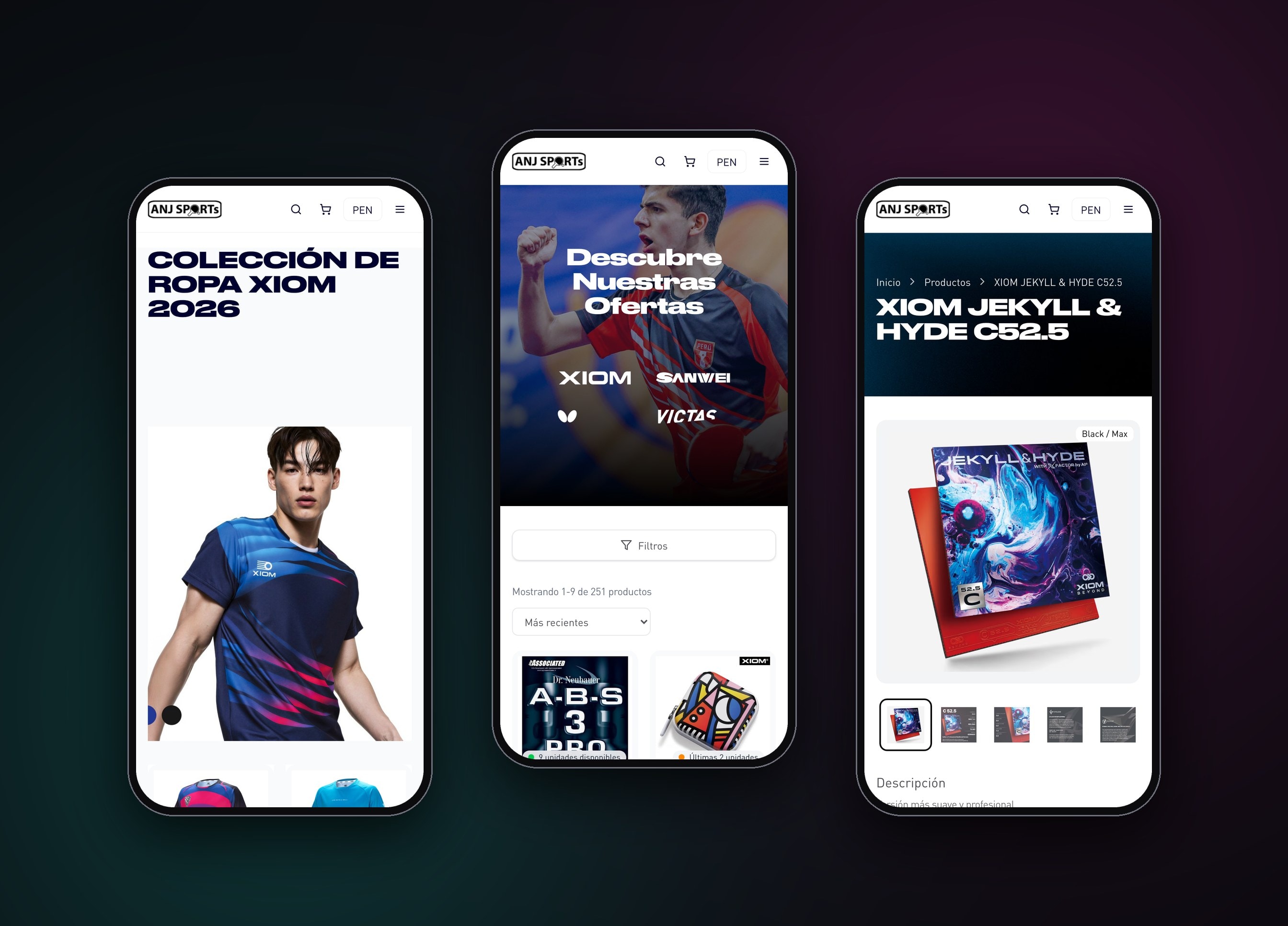 Tres celulares con anjsports.com: la colección de ropa XIOM 2026, el catálogo con sus filtros y la ficha de una goma