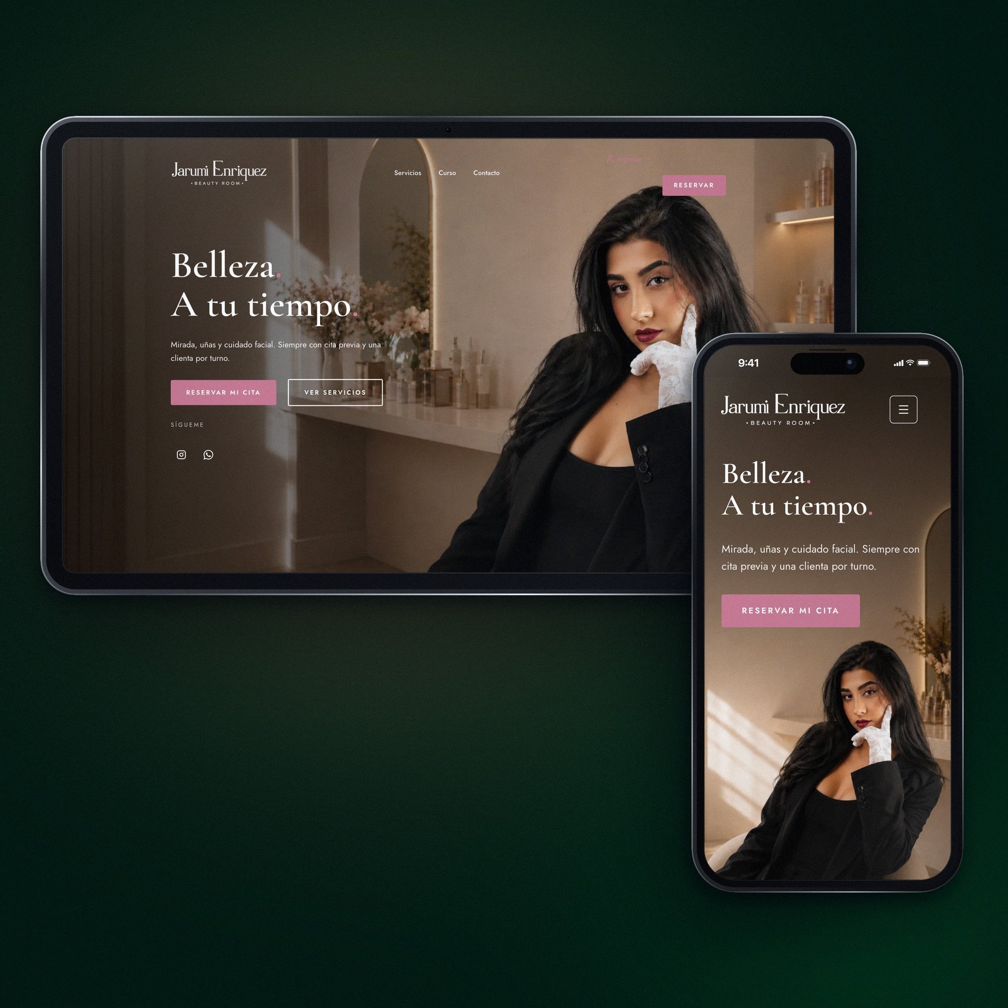La web de Jarumi Enríquez en un monitor y en el celular: belleza a tu tiempo