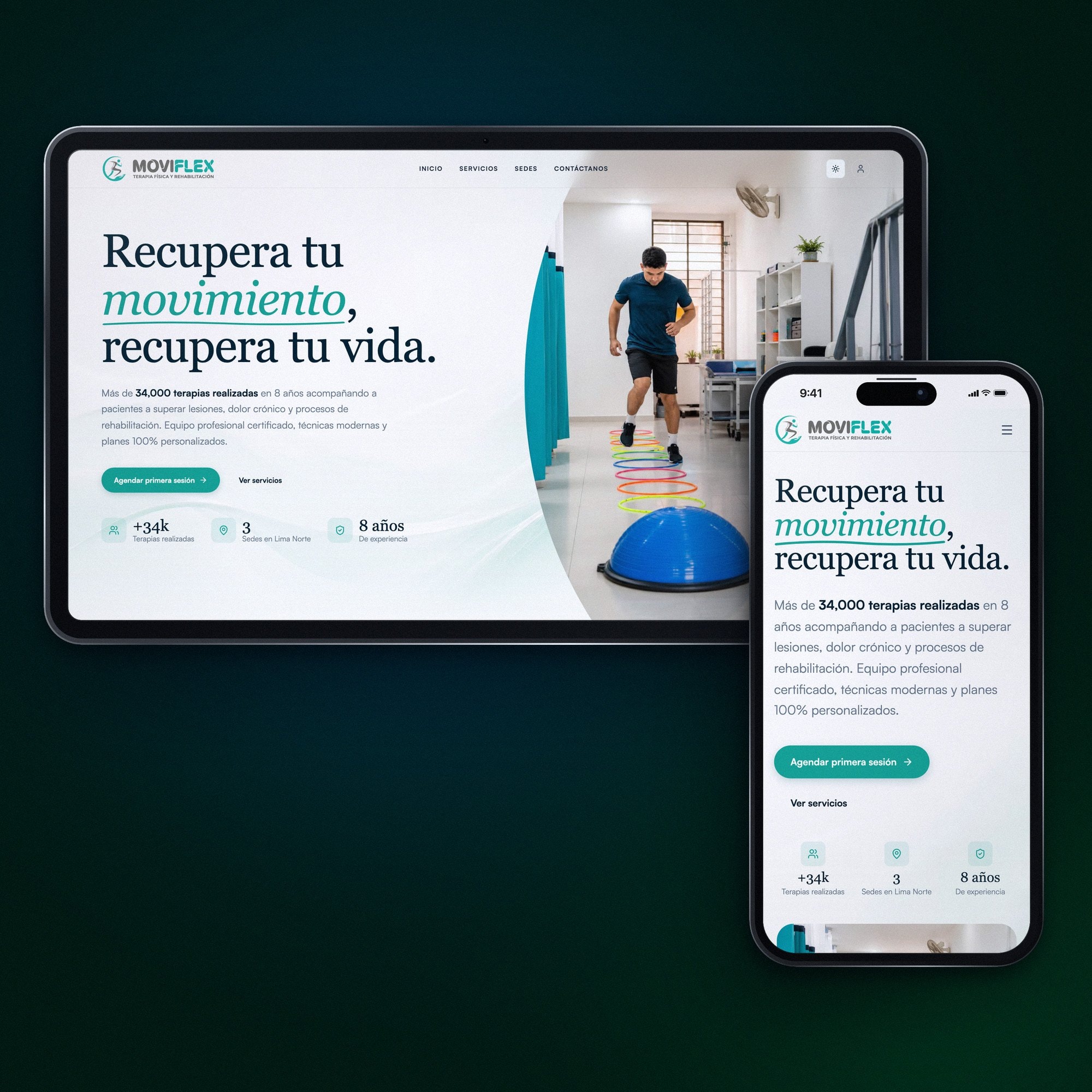 La web de Moviflex en un monitor y en el celular: terapia física y rehabilitación