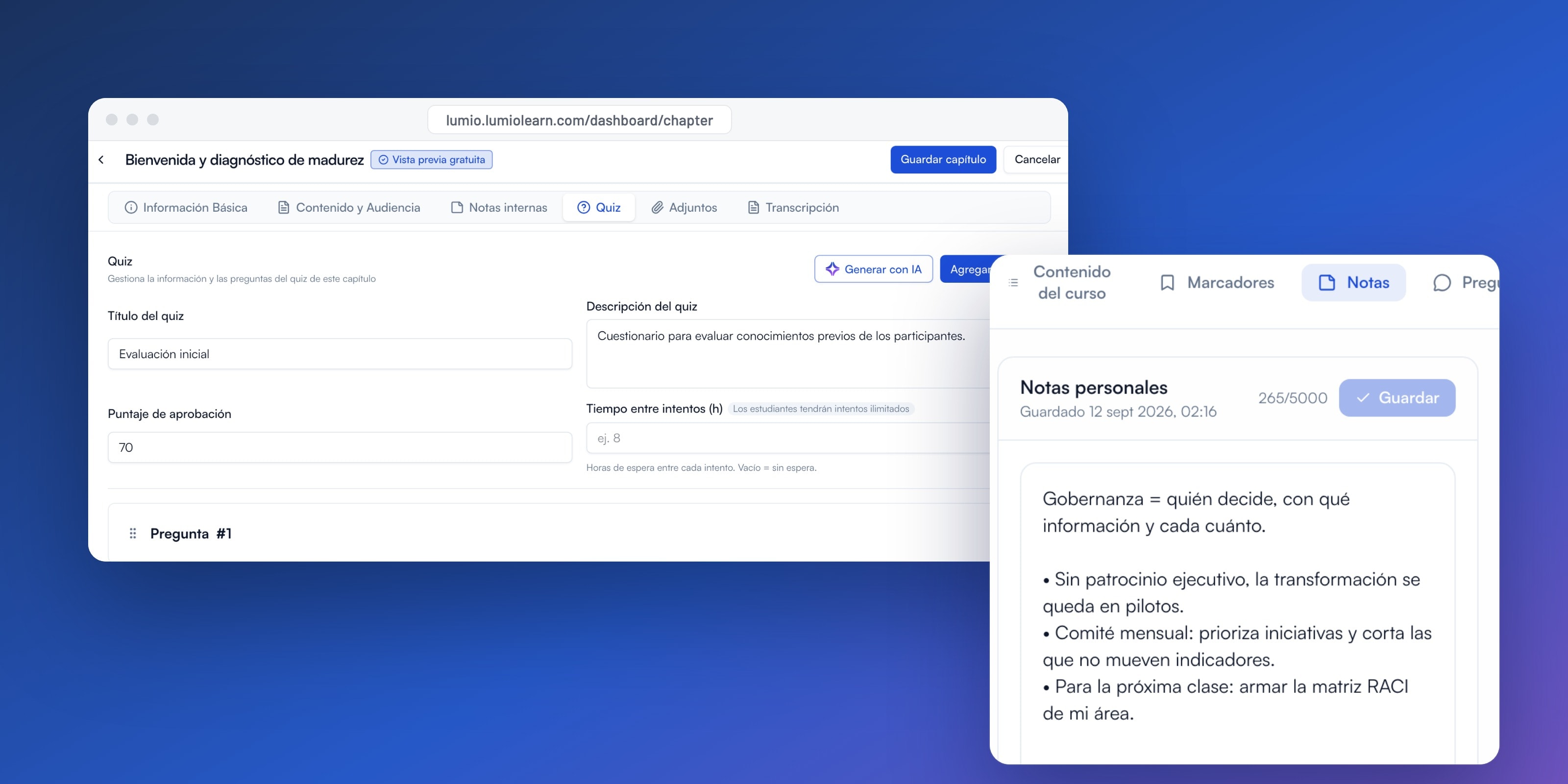 El mismo capítulo desde los dos lados: el quiz que el profesor configura en el panel y, delante, las notas personales que la alumna escribe mientras ve la clase