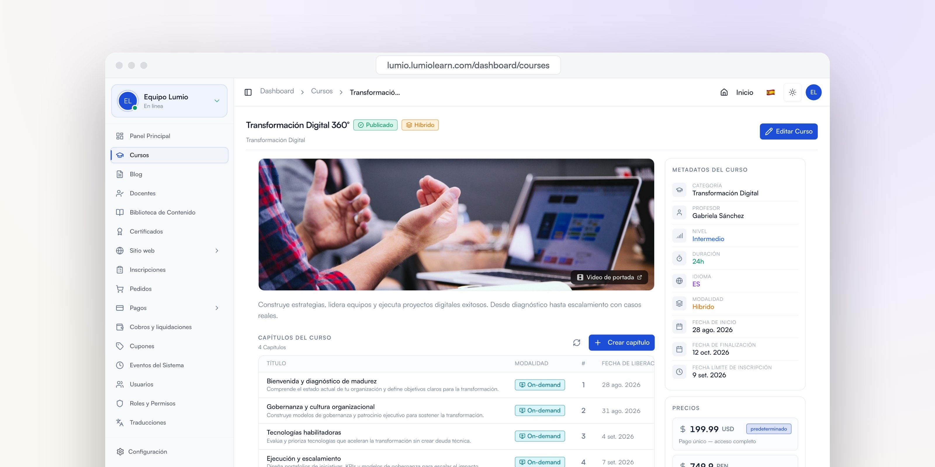 Panel del curso con capítulos, metadatos y precios