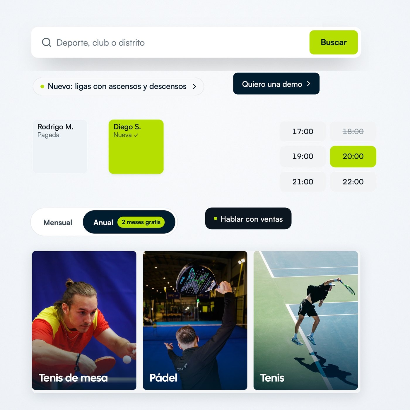 Componentes reales de Rematch: buscador, píldora de novedades, botones, reservas pagadas y nuevas, horarios y deportes