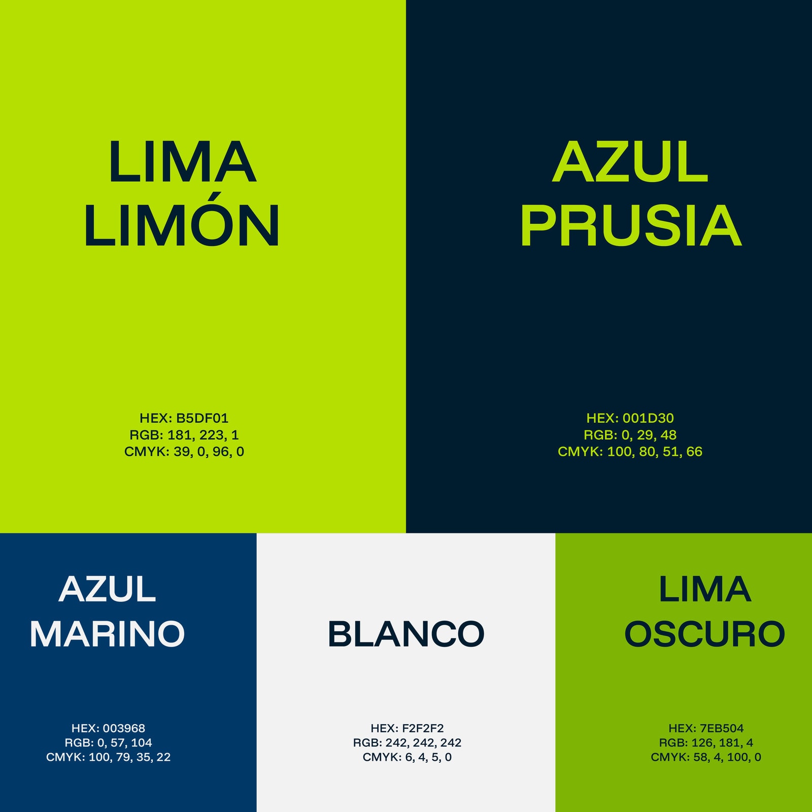 La paleta de Rematch: lima limón, azul prusia, azul marino, blanco y lima oscuro, con sus códigos HEX, RGB y CMYK