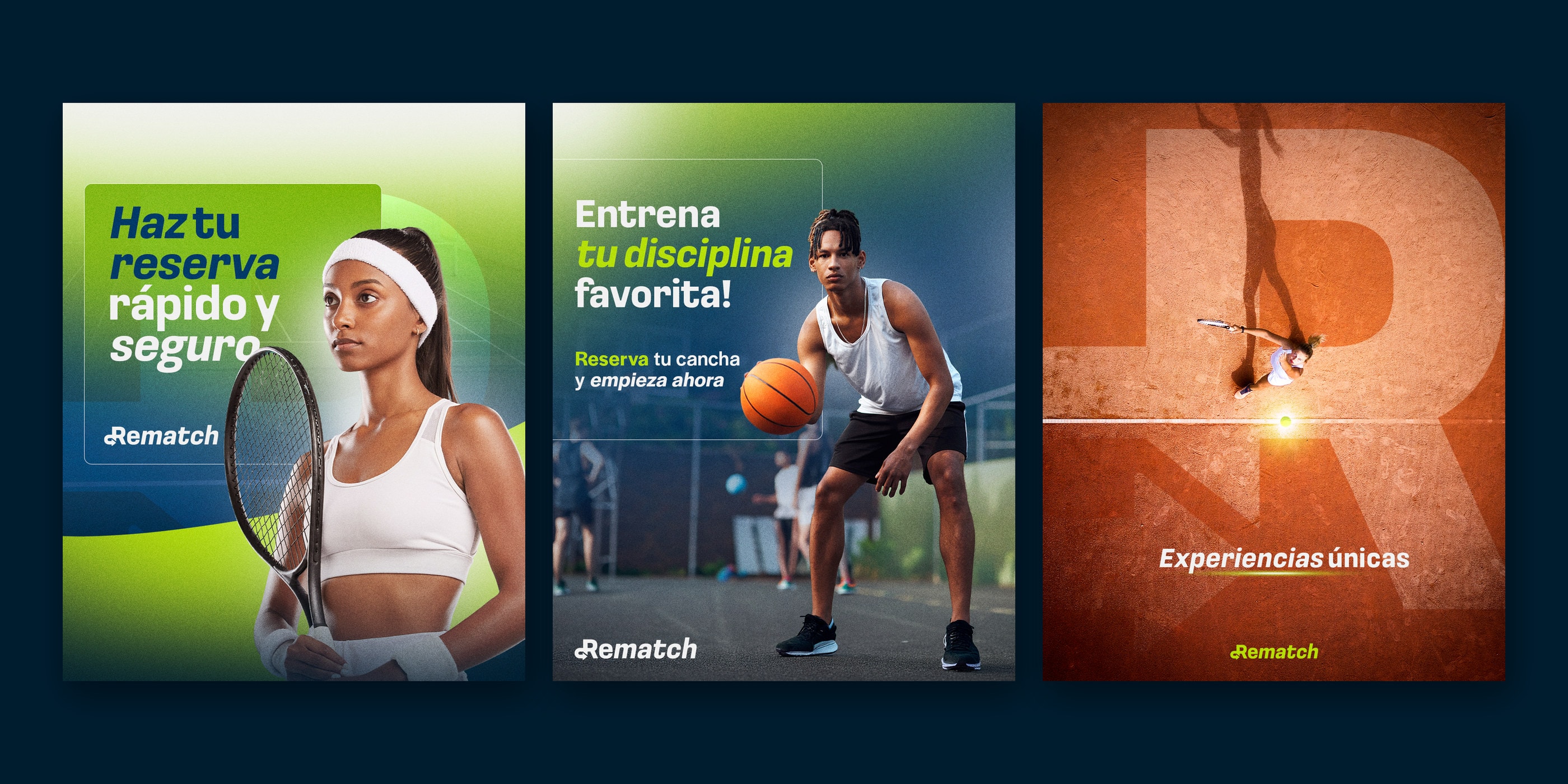 Tres posts de Instagram de la línea gráfica de Rematch, con deportistas y la marca en lima