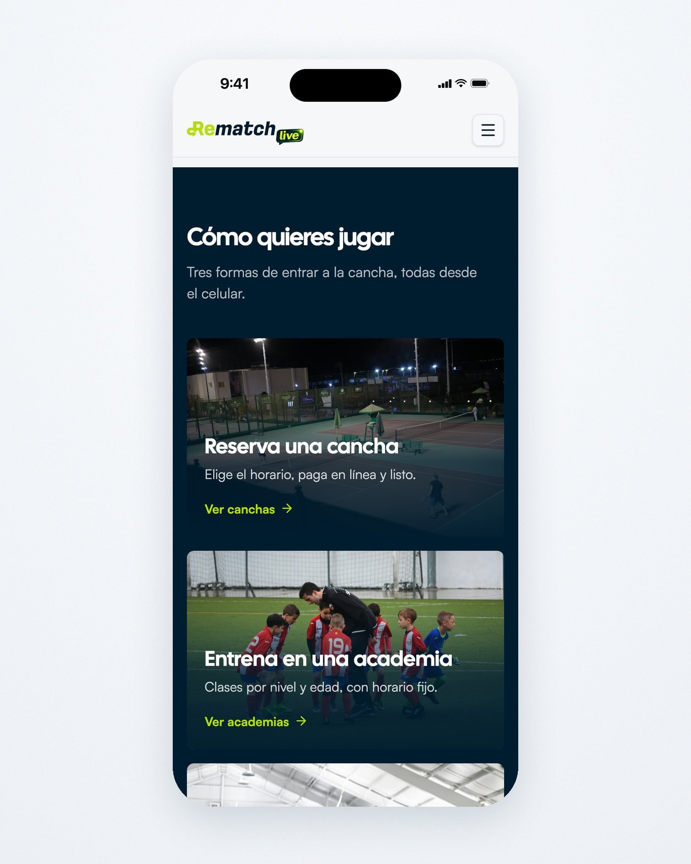 Tres pantallas móviles: torneos y ligas en rematch.pe, cómo quieres jugar en live.rematch.pe y los precios en soles