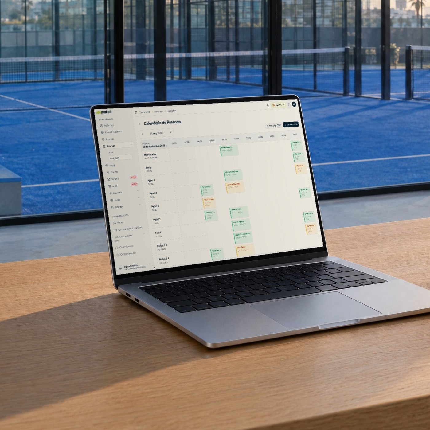 Un portátil en la recepción de un club de pádel con el calendario de reservas del panel de Rematch
