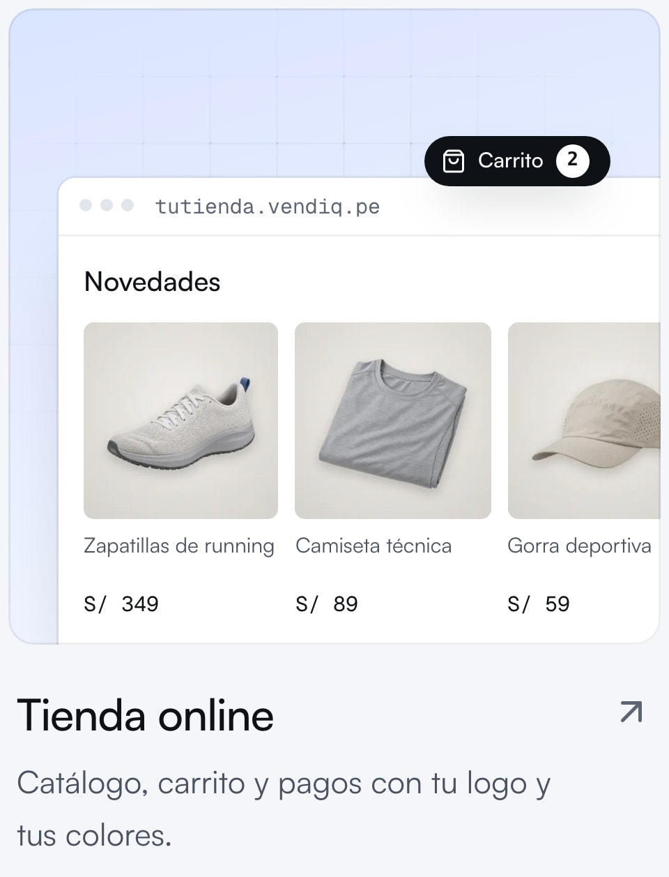 Tarjeta del módulo Tienda online: la tienda de ejemplo en su subdominio con tres productos y el carrito