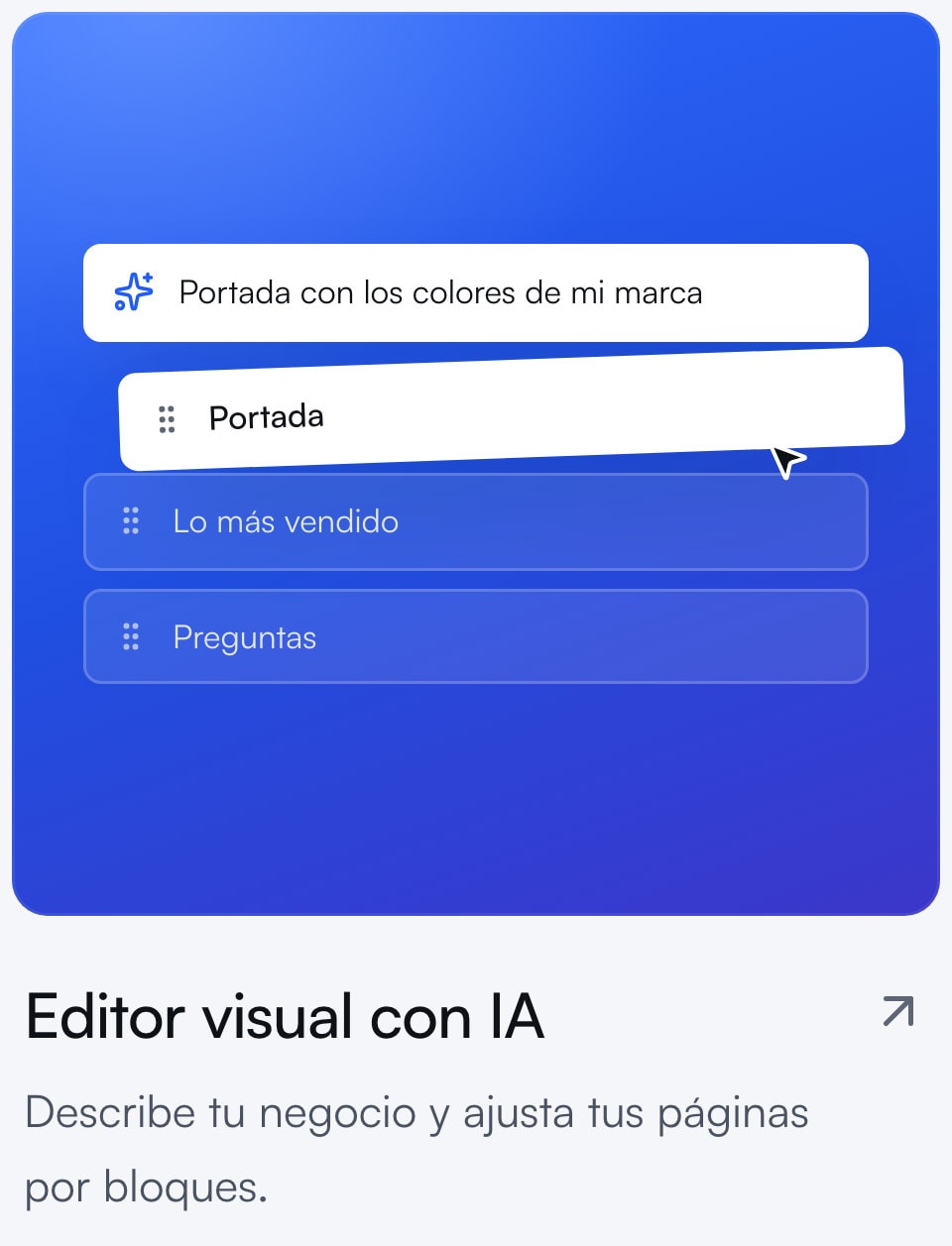 Tarjeta del módulo Editor visual con IA: los bloques de la página y la portada con los colores de la marca