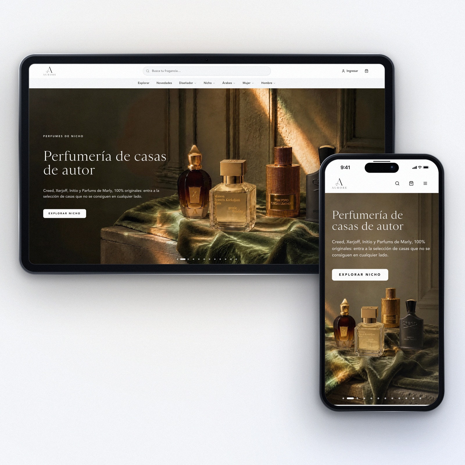La tienda de Aurore en un monitor y en el celular: perfumería de casas de autor