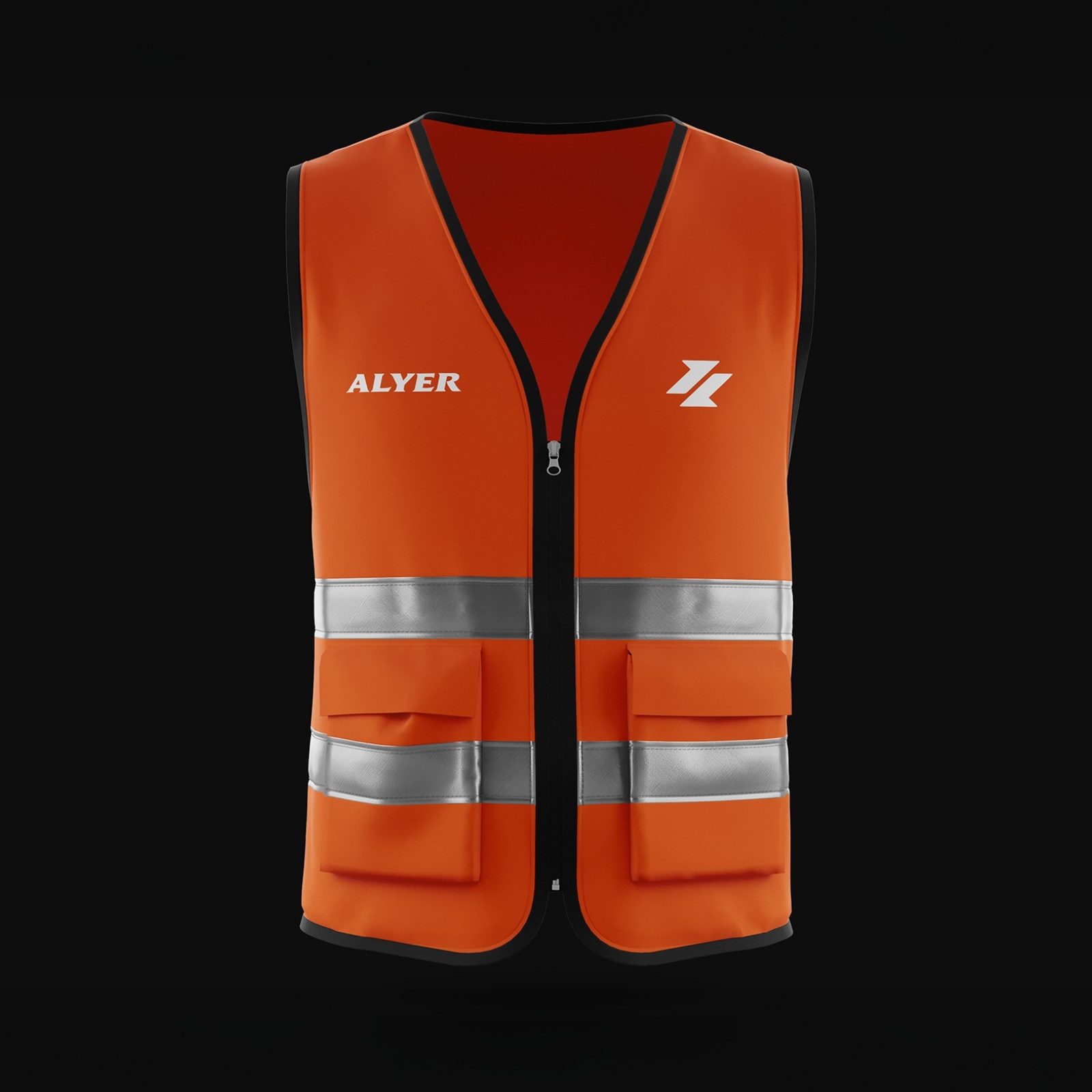 Chaleco reflectivo naranja en plano, con el logotipo Alyer al pecho y el símbolo al otro lado