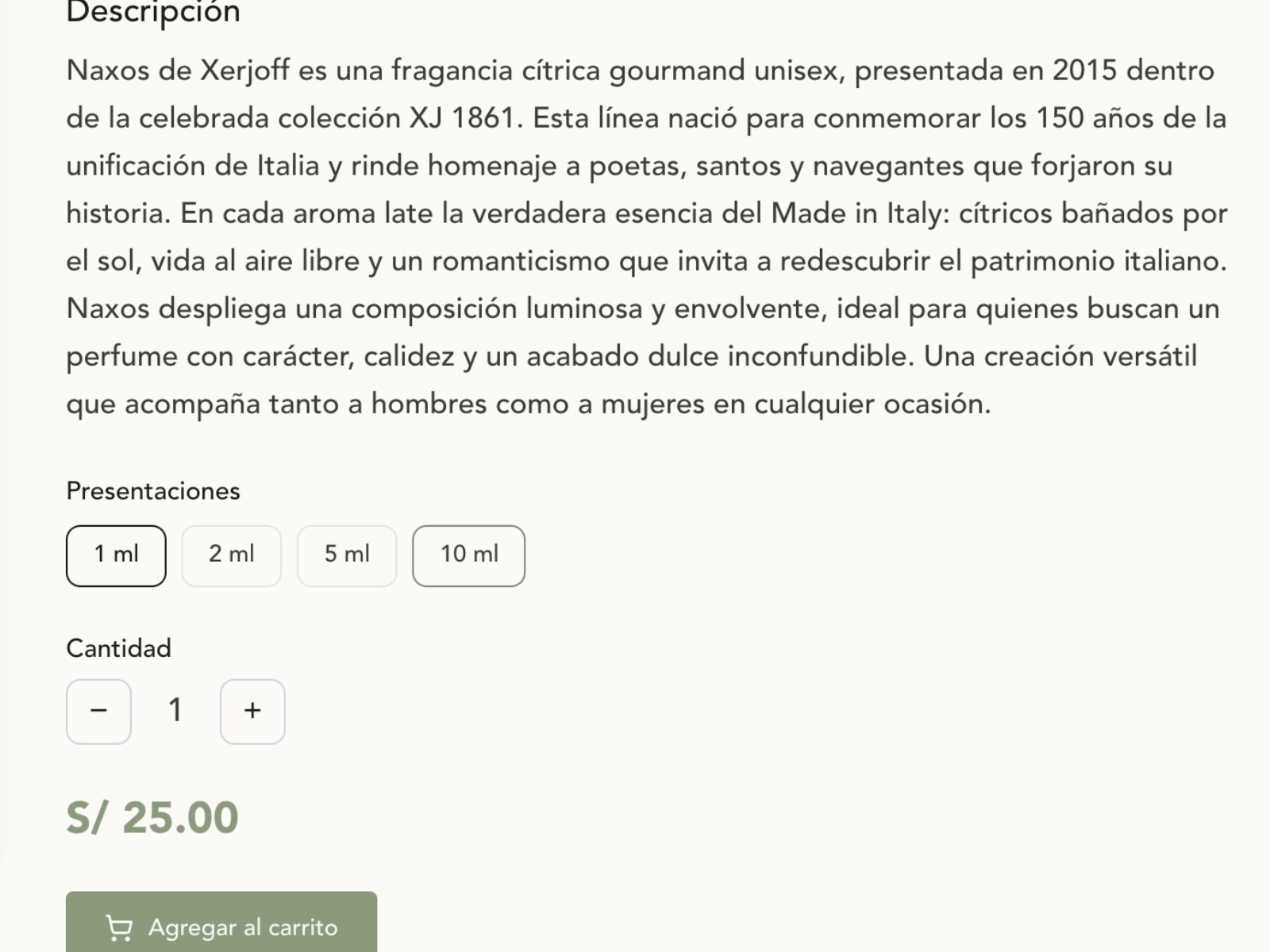 La ficha de Xerjoff Naxos en aurore.com.pe, animada: de 1 a 10 ml el precio pasa de S/ 25 a S/ 135
