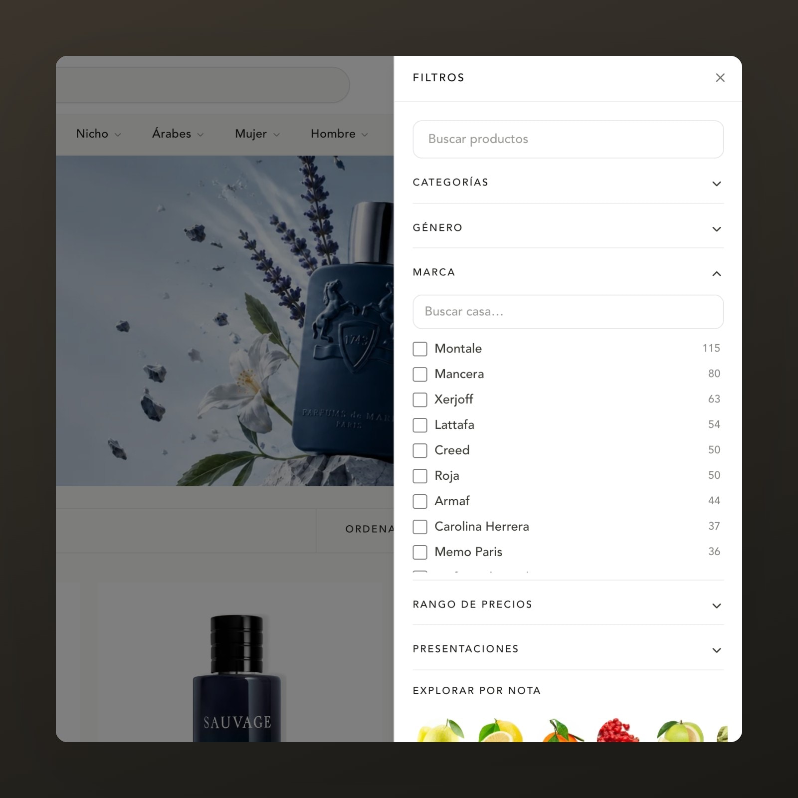 El panel de filtros de aurore.com.pe con las casas, sus conteos y la exploración por nota olfativa