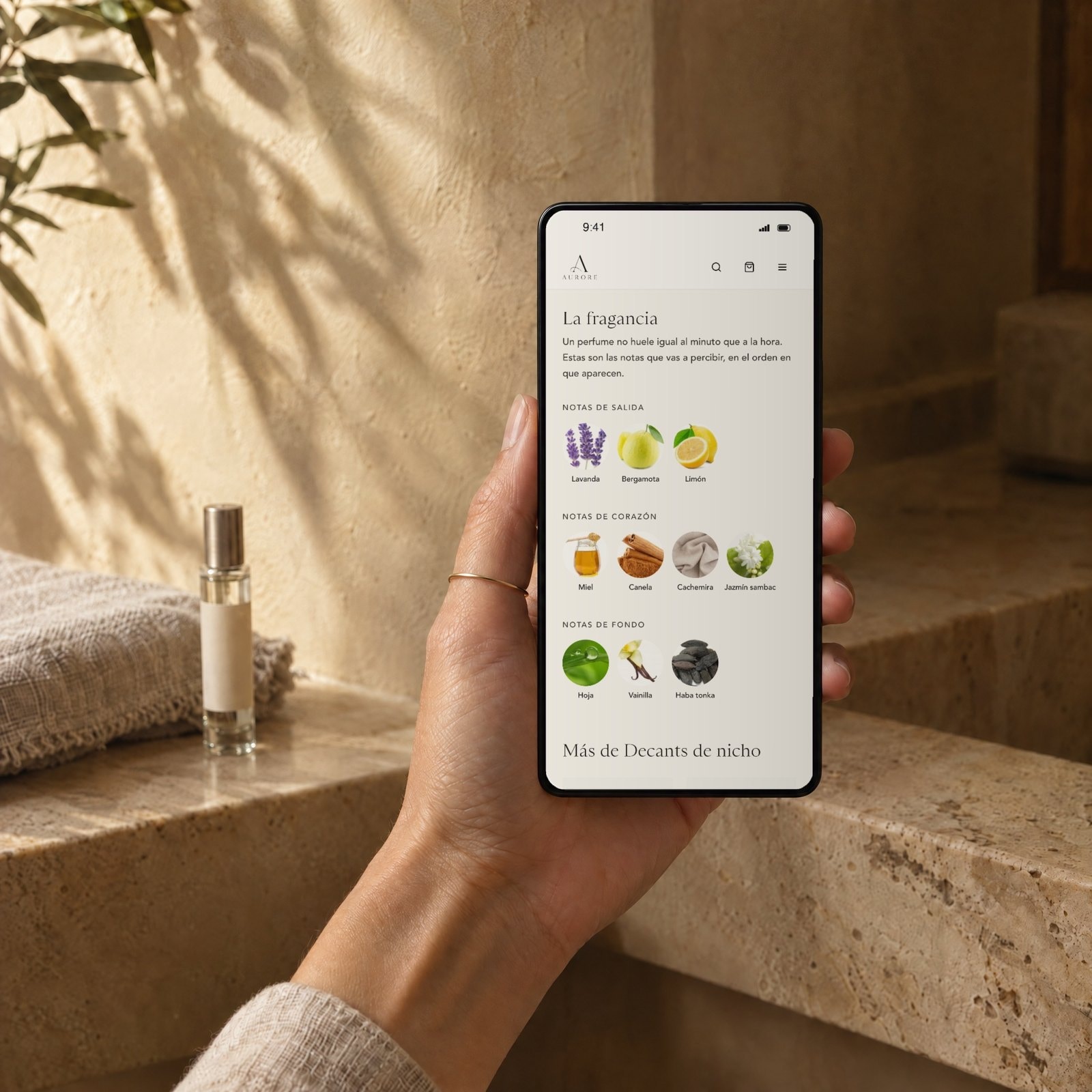 Una mano sostiene el celular con «La fragancia» de aurore.com.pe: las notas de salida, corazón y fondo de Xerjoff Naxos