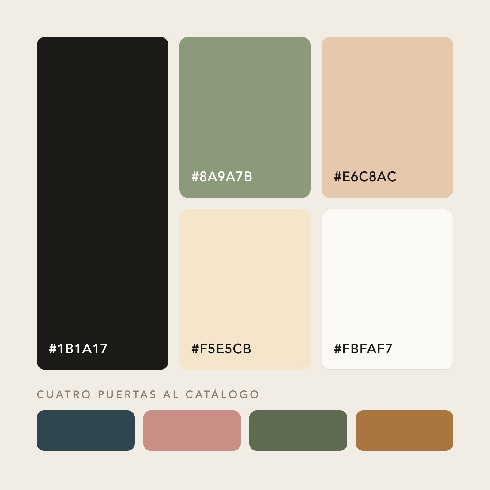 Paleta de Aurore: tinta, salvia, arena, crema y hueso, más los cuatro colores editoriales del catálogo