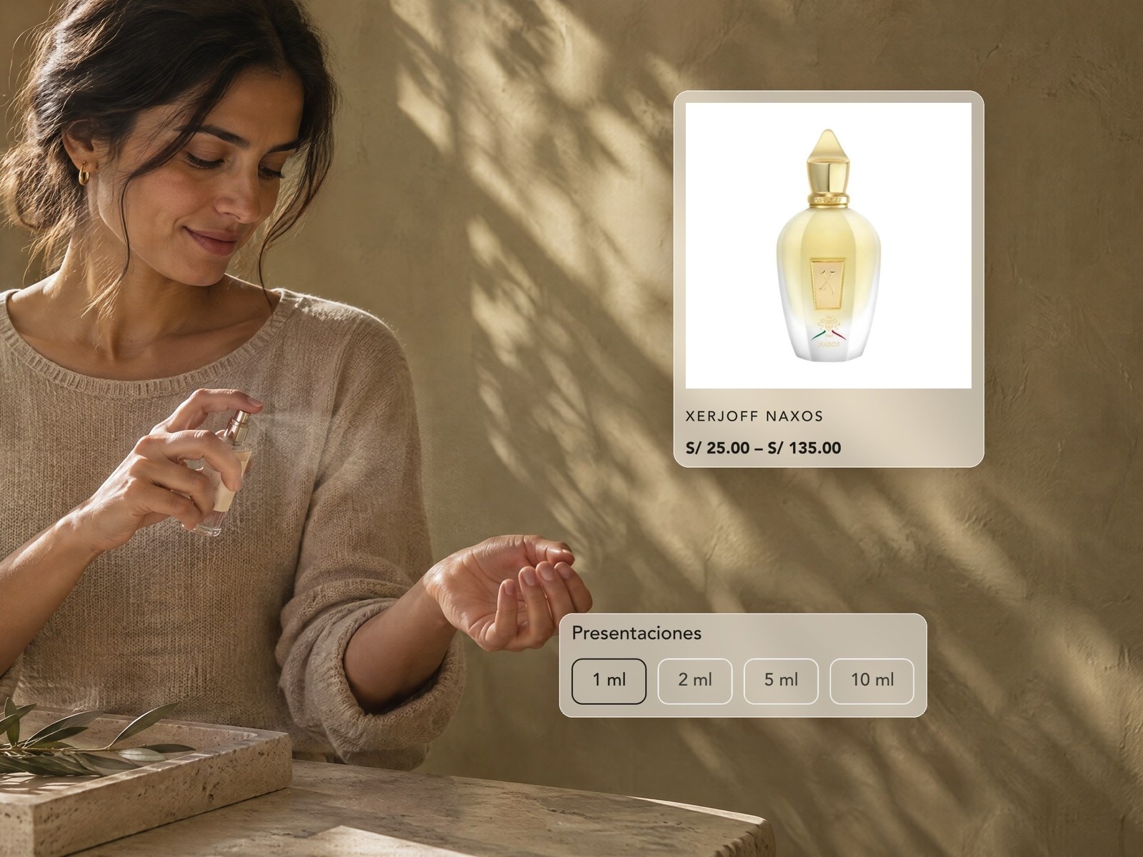 Una mujer se perfuma la muñeca con un decant; flotan encima la tarjeta de Xerjoff Naxos (S/ 25.00 – S/ 135.00) y el selector de 1 a 10 ml de aurore.com.pe