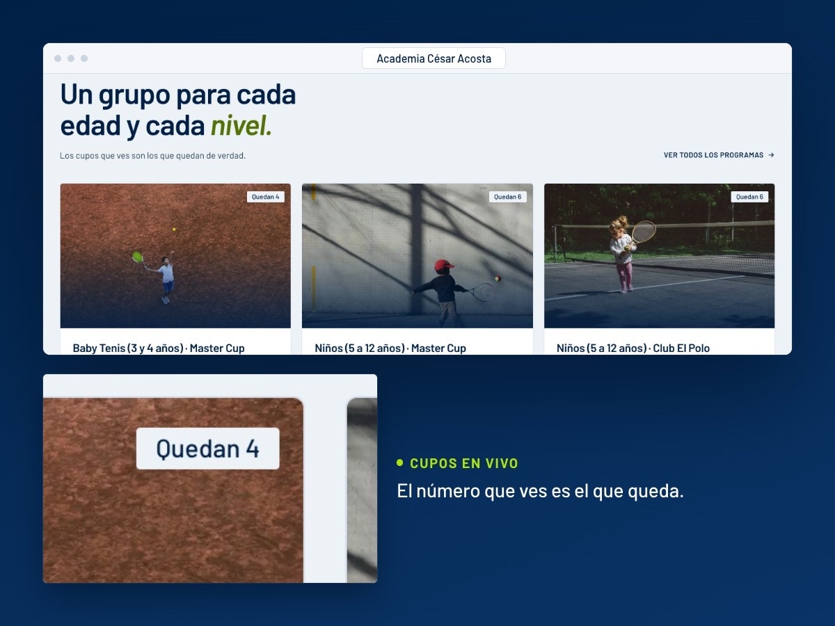 Grupos abiertos de la academia, cada tarjeta con el cupo que le queda, y un detalle del chip «Quedan 4»