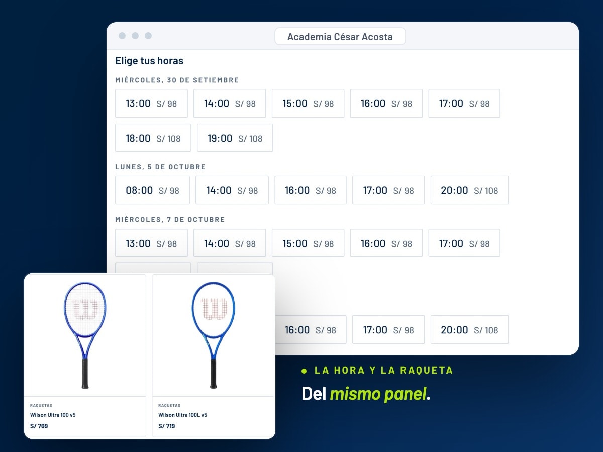 Las horas libres de las clases particulares con su precio y, delante, dos raquetas de la tienda del club con el suyo