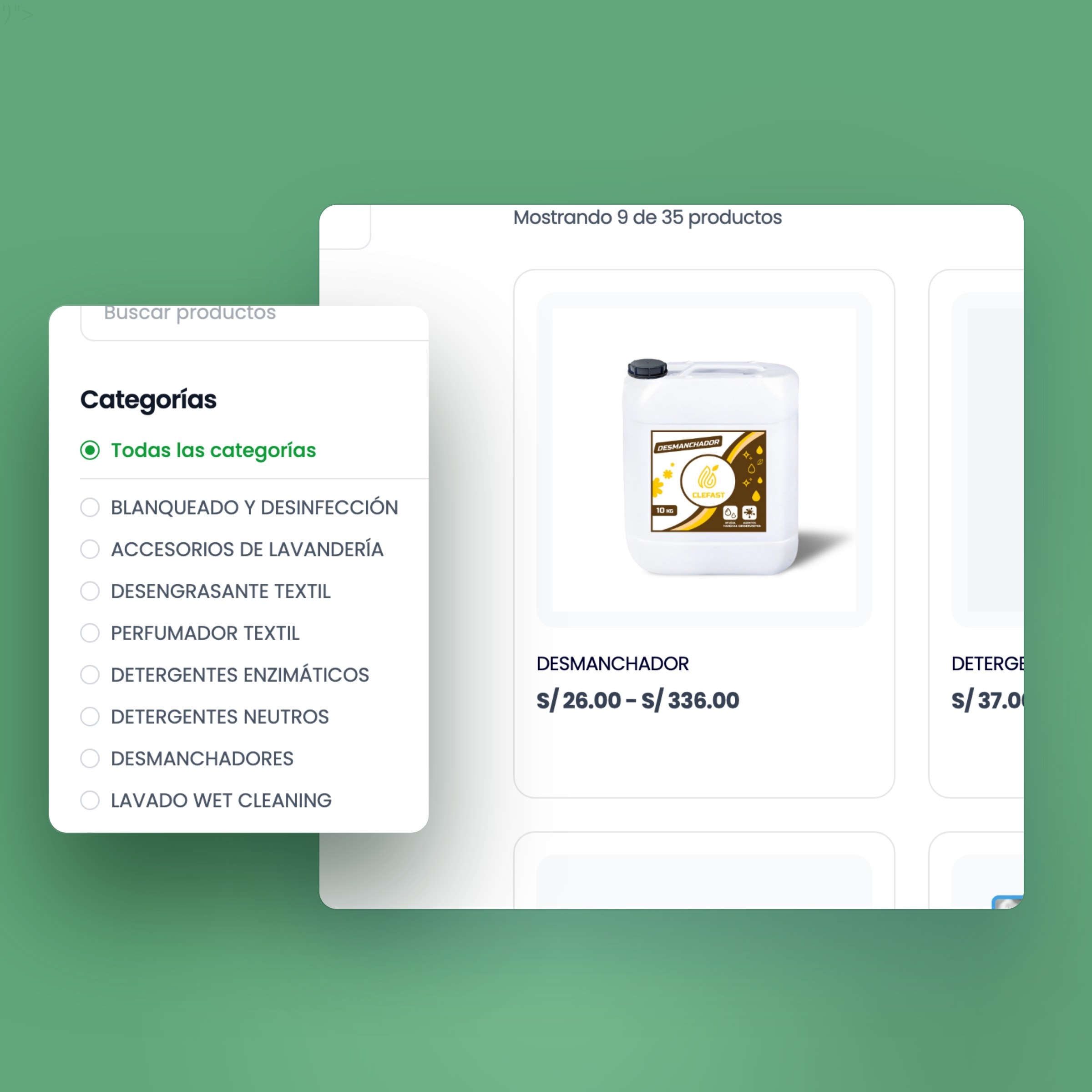 El catálogo de clefast.com.pe con su panel de filtros: categorías, rango de precio y presentaciones