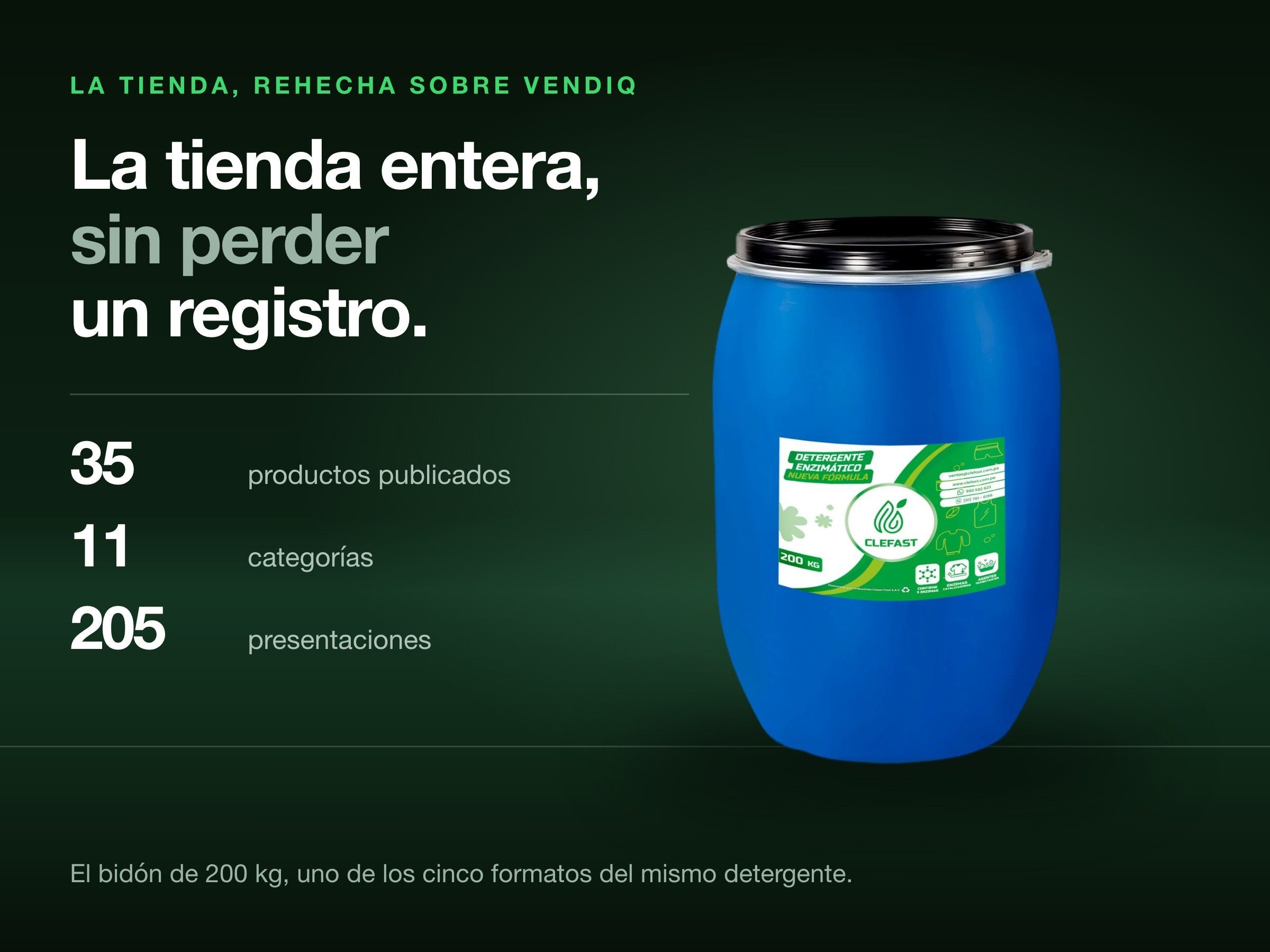 El inventario migrado —35 productos, 11 categorías, 205 presentaciones, cero pérdidas— junto al envase de 200 kg de Clefast