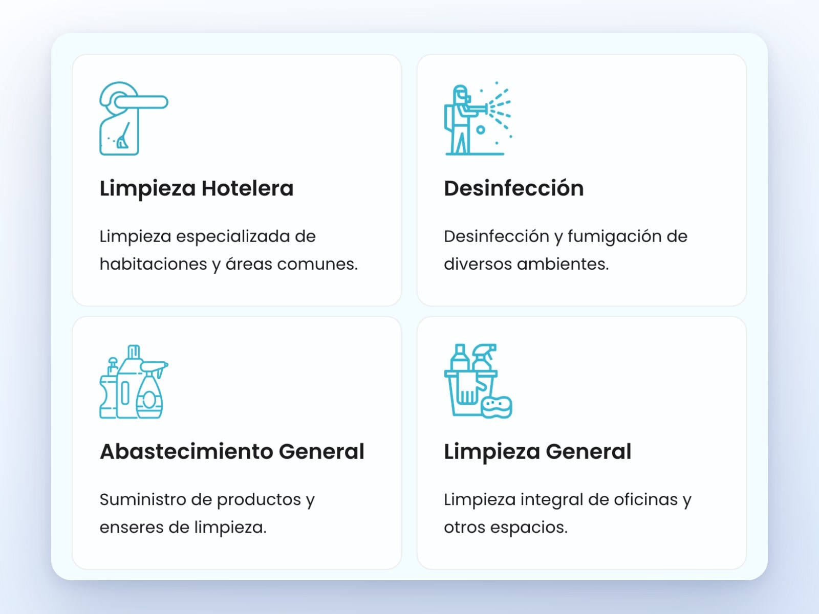 La sección «Multiples Servicios, Un Solo Proveedor» de fenalsa.com con cuatro tarjetas de limpieza
