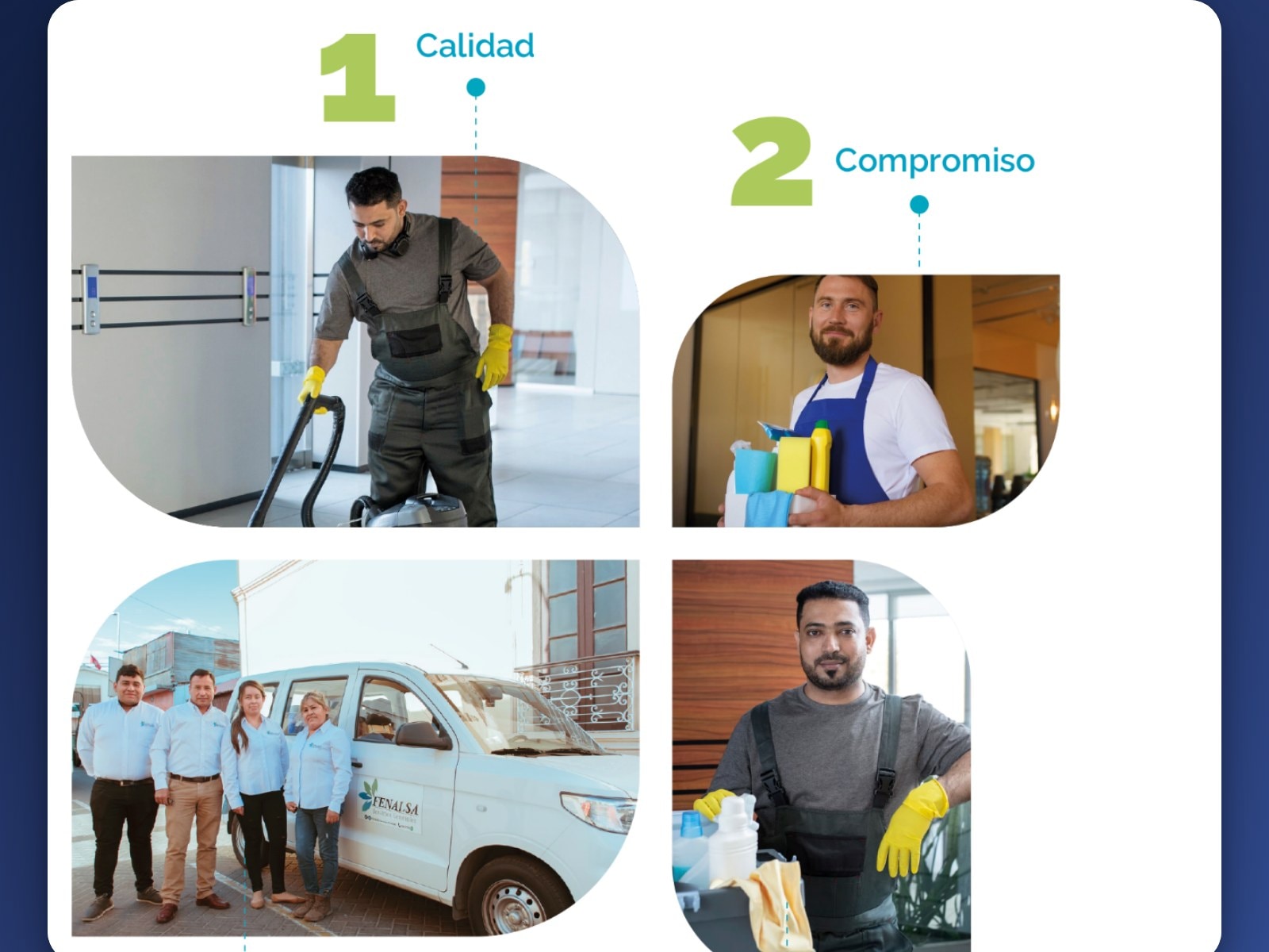 La página de limpieza de fenalsa.com con la lista de servicios y el collage de cuatro pilares