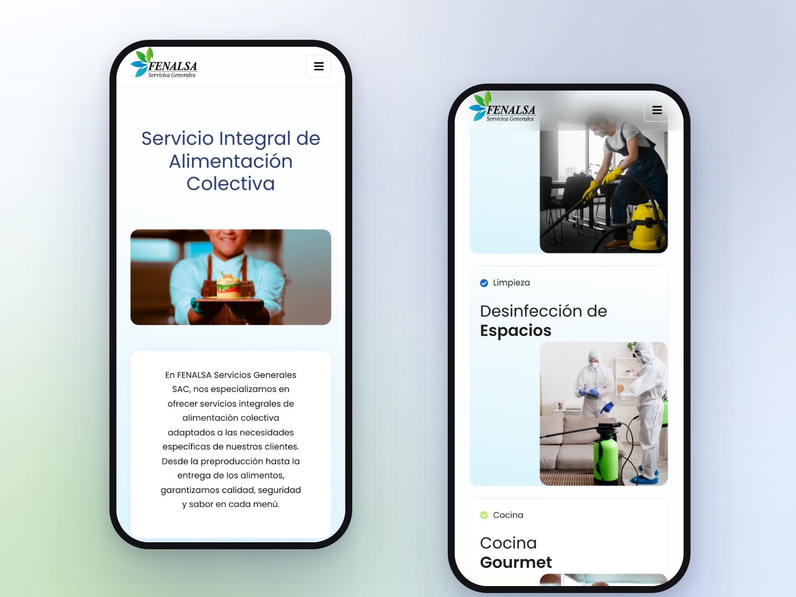 Dos teléfonos con las páginas de cocina y de servicios de fenalsa.com