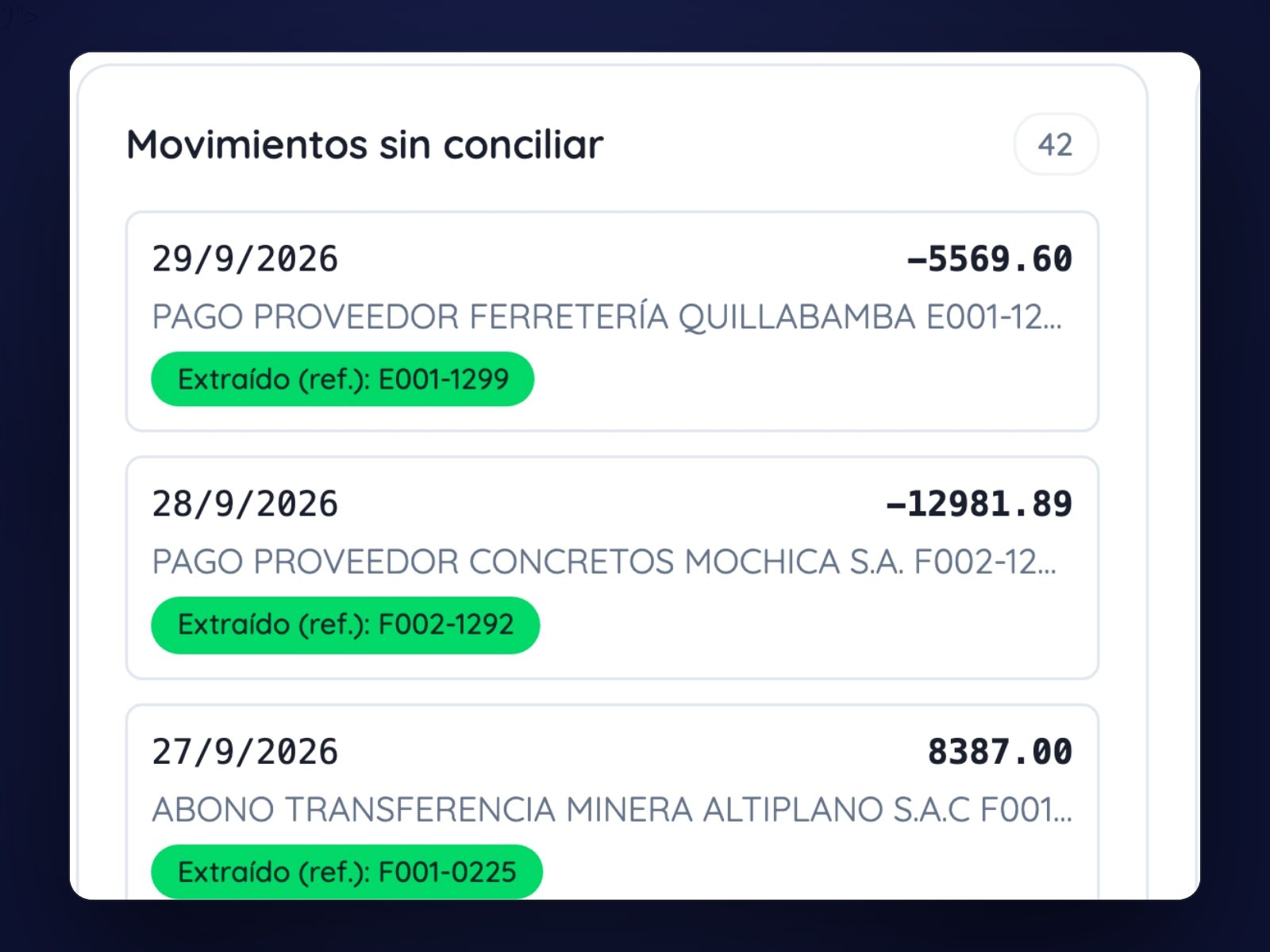 Pantalla de conciliación bancaria de Fintrace con movimientos sin conciliar, items conciliados y documentos pendientes