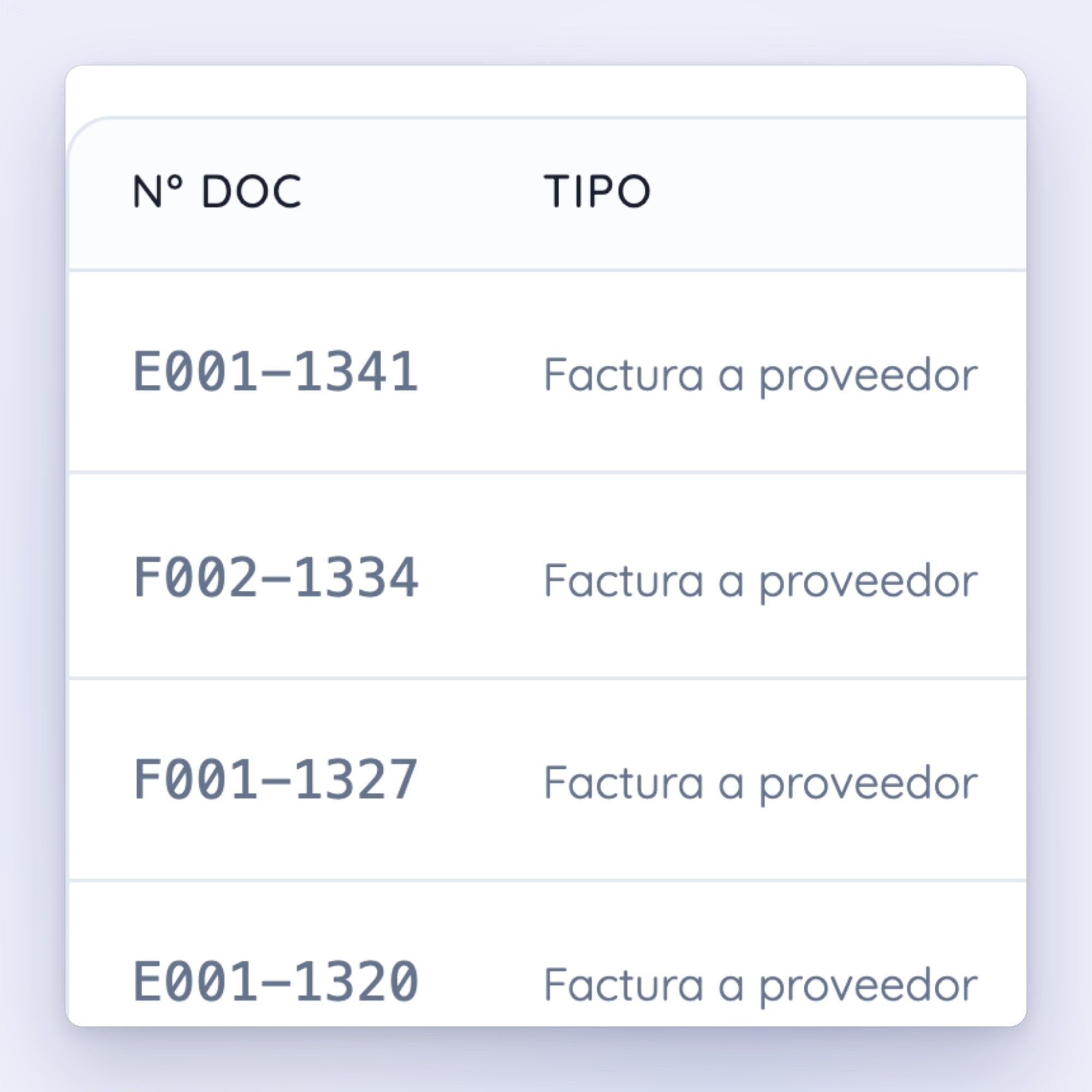 Lista de documentos de compra de Fintrace con proveedor, emisión, vencimiento y neto a pagar