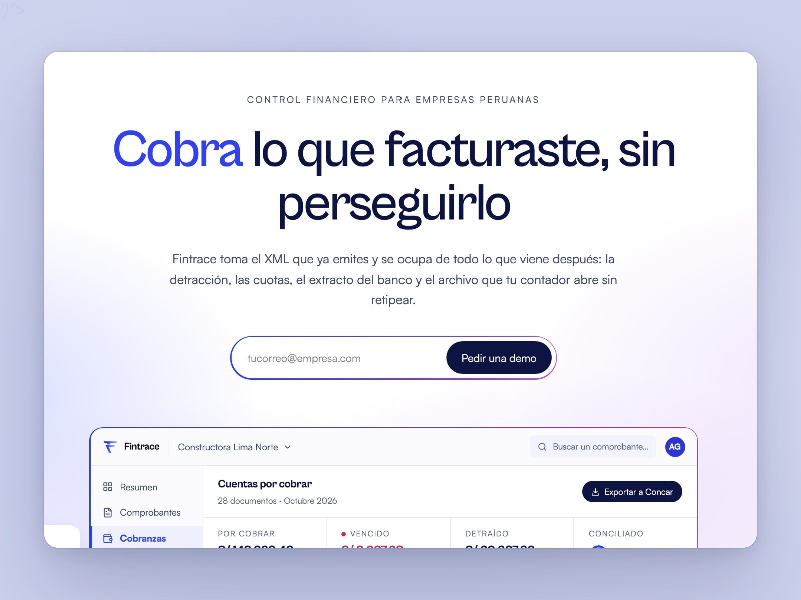 Portada de Fintrace con el titular «Cobra lo que facturaste, sin perseguirlo» y el bloque de formatos que entran y salen