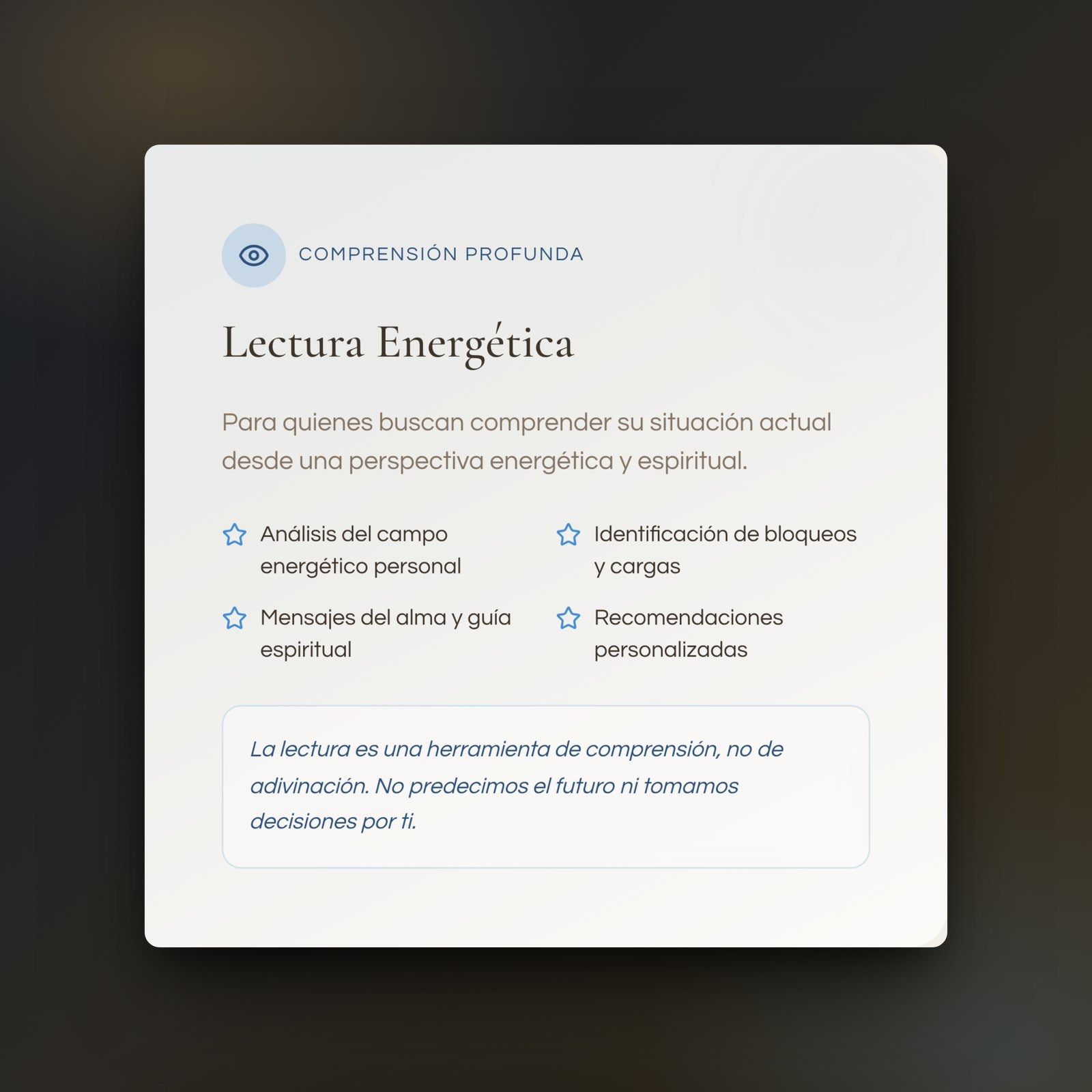 El bloque de «Lectura Energética» de innersoulbright.com/servicios, con su icono celeste, cuatro puntos de lo que incluye y una caja en cursiva que aclara que no es adivinación