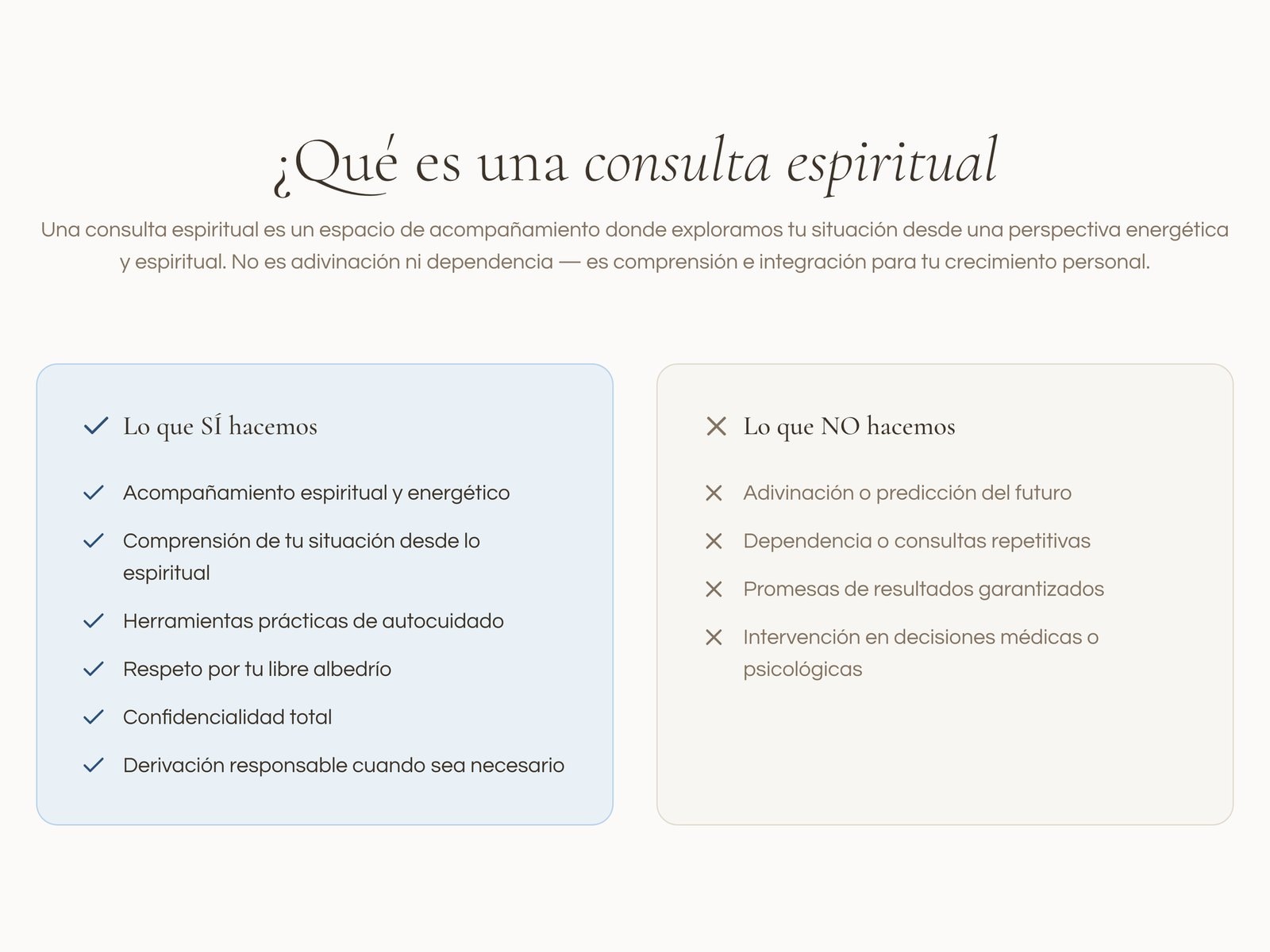 La página de servicios de innersoulbright.com con dos tarjetas enfrentadas: «Lo que SÍ hacemos» y «Lo que NO hacemos»