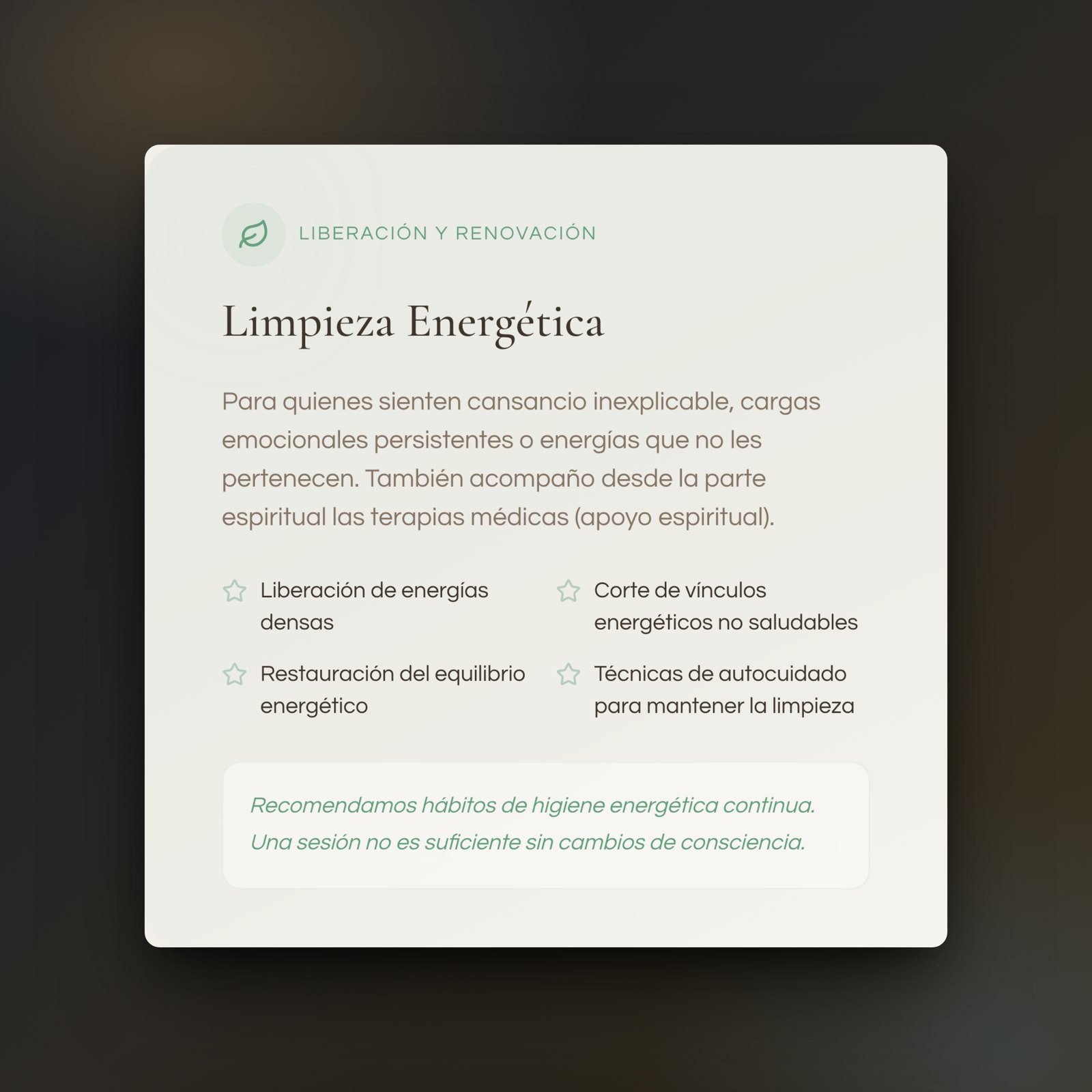 El bloque de «Limpieza Energética» de innersoulbright.com/servicios, con su icono salvia, cuatro puntos de lo que incluye y una caja en cursiva sobre la higiene energética continua