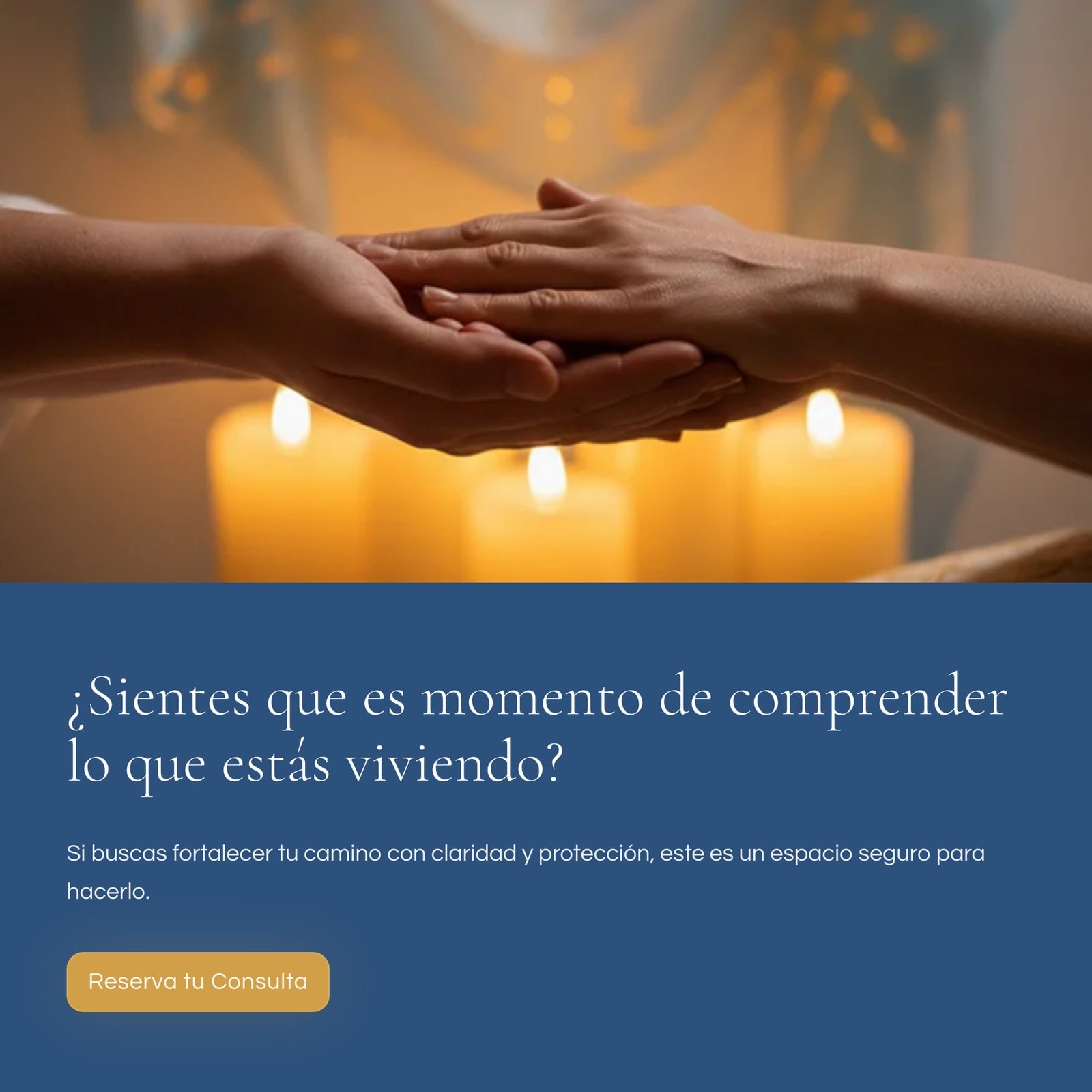 La llamada final de innersoulbright.com: una fotografía de dos manos sobre velas encendidas y, debajo, un panel azul profundo con la pregunta y el botón