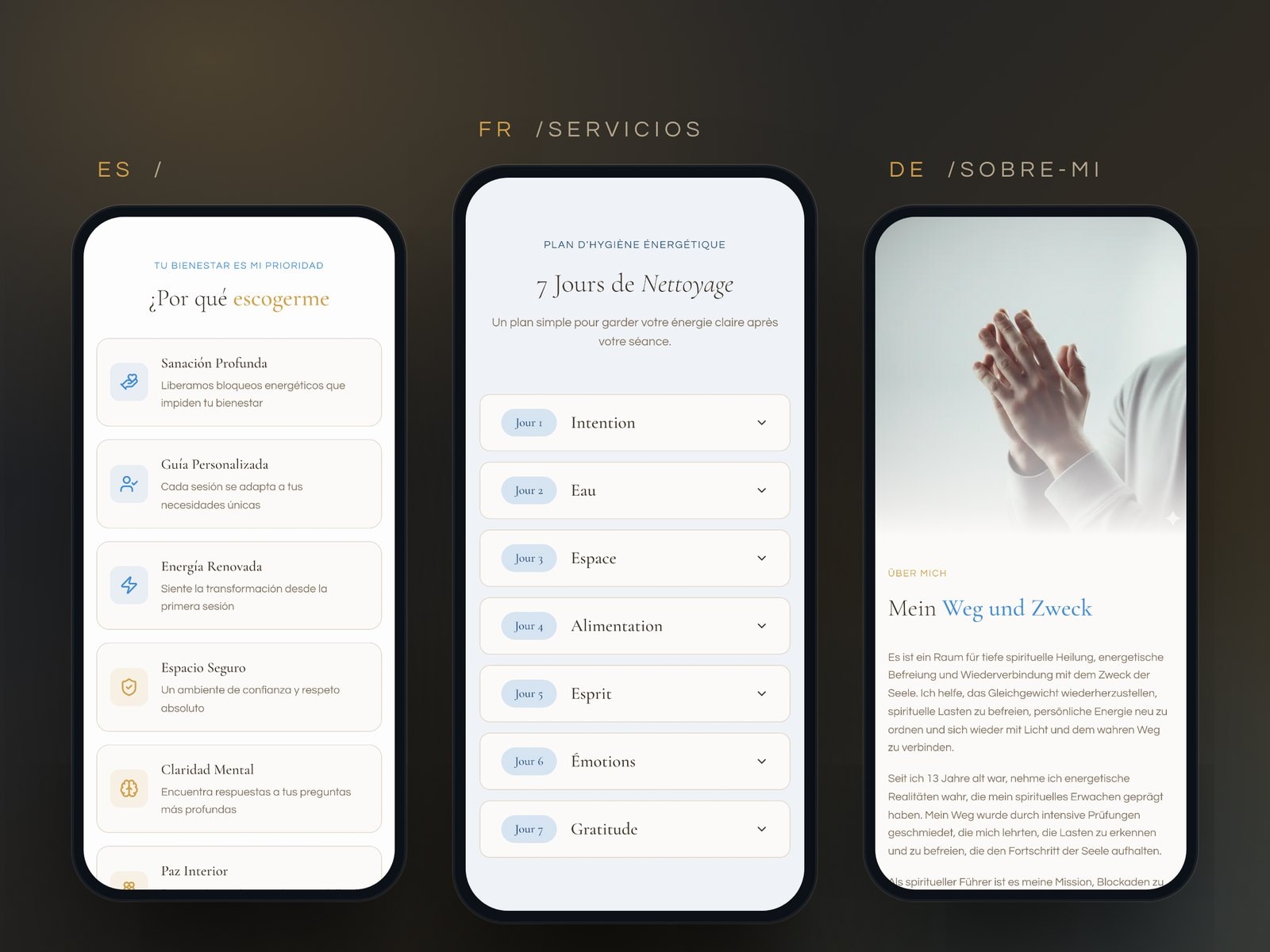 Tres celulares sobre campo oscuro con las tres páginas de innersoulbright.com: el inicio en español, los servicios en francés y la página sobre mí en alemán