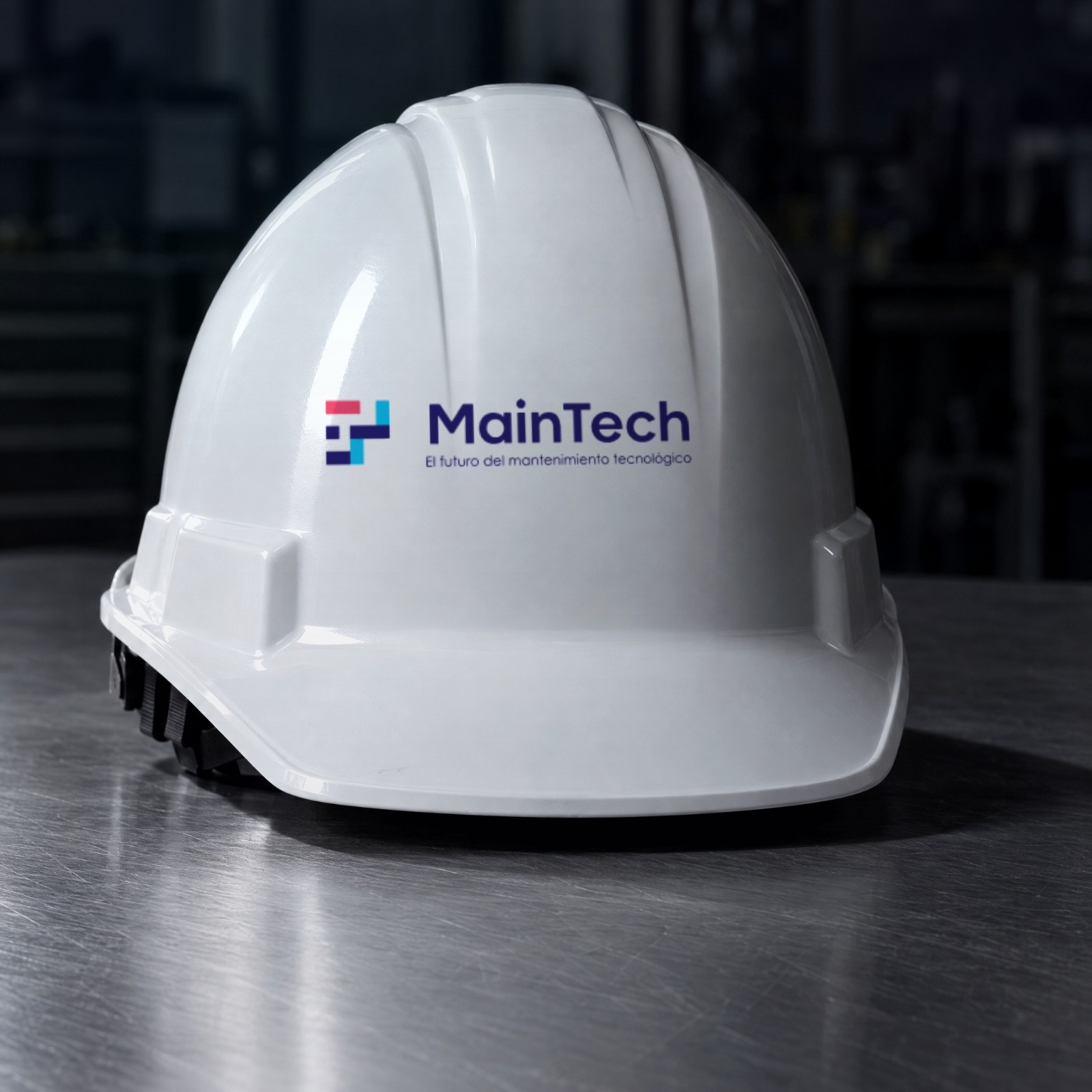 Un casco de seguridad blanco con el logotipo de MainTech impreso al frente, sobre un banco de acero