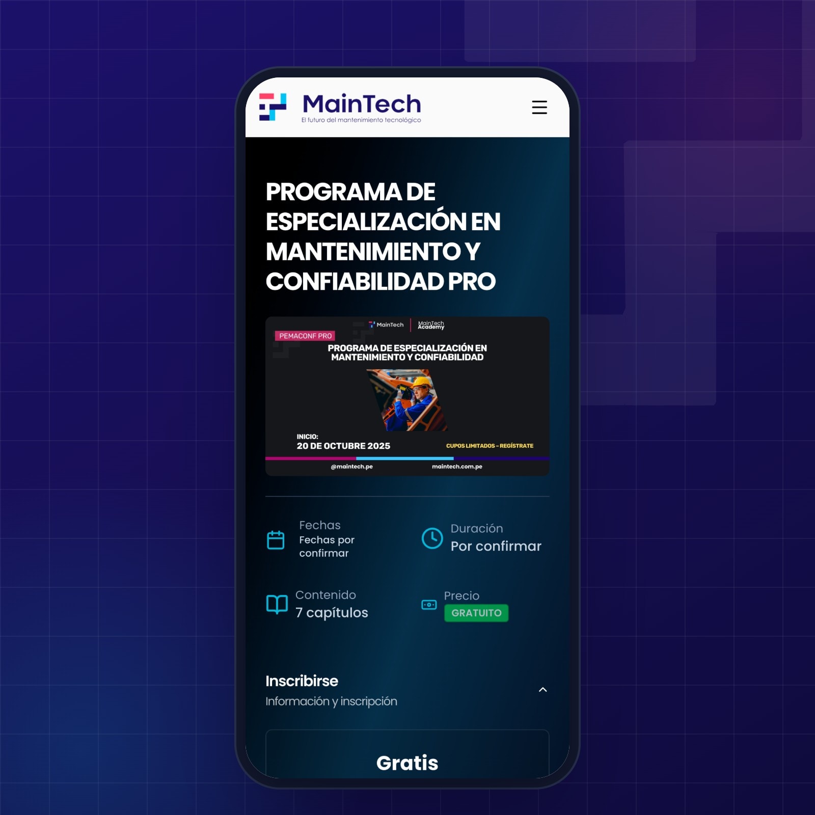 La ficha del programa de especialización en mantenimiento y confiabilidad, en un móvil