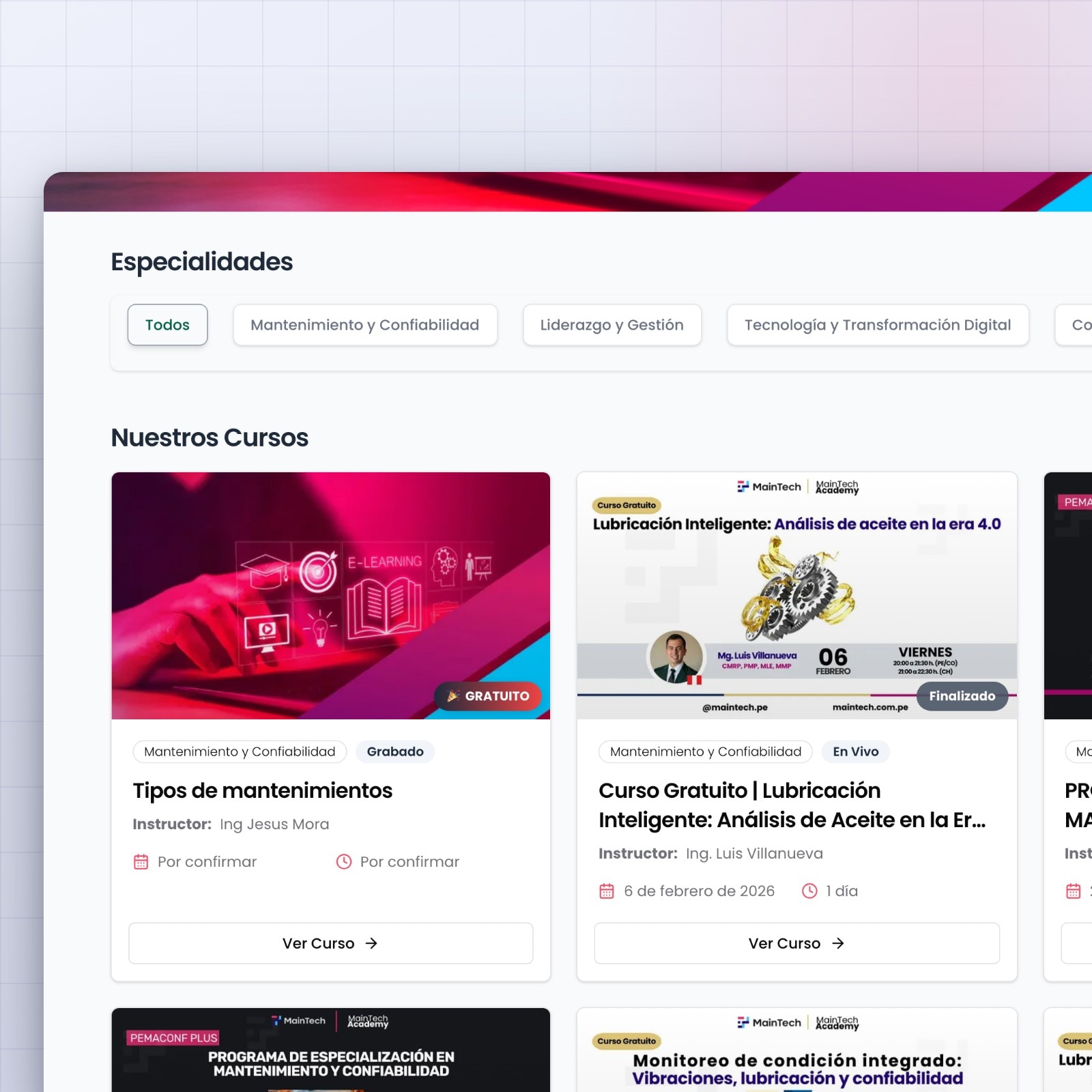 El catálogo de cursos de MainTech con los filtros de especialidad y tres tarjetas