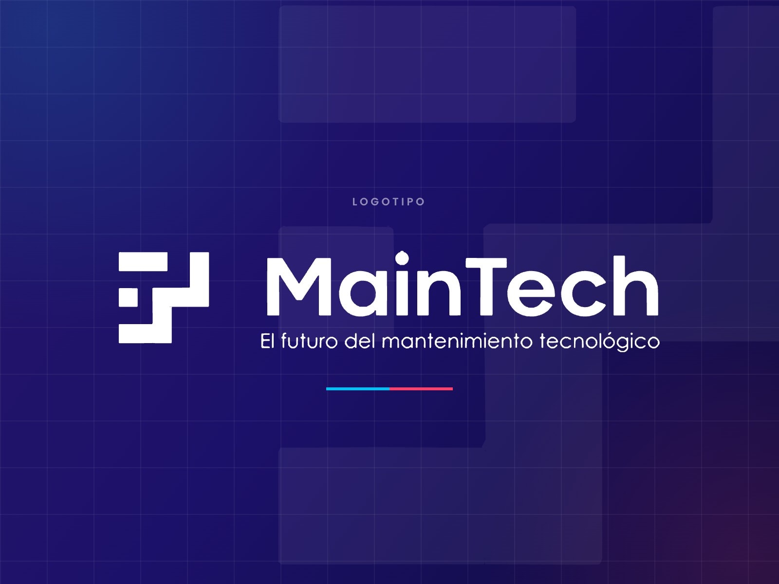 El logotipo de MainTech en blanco sobre un campo índigo, con el símbolo de bloques al lado
