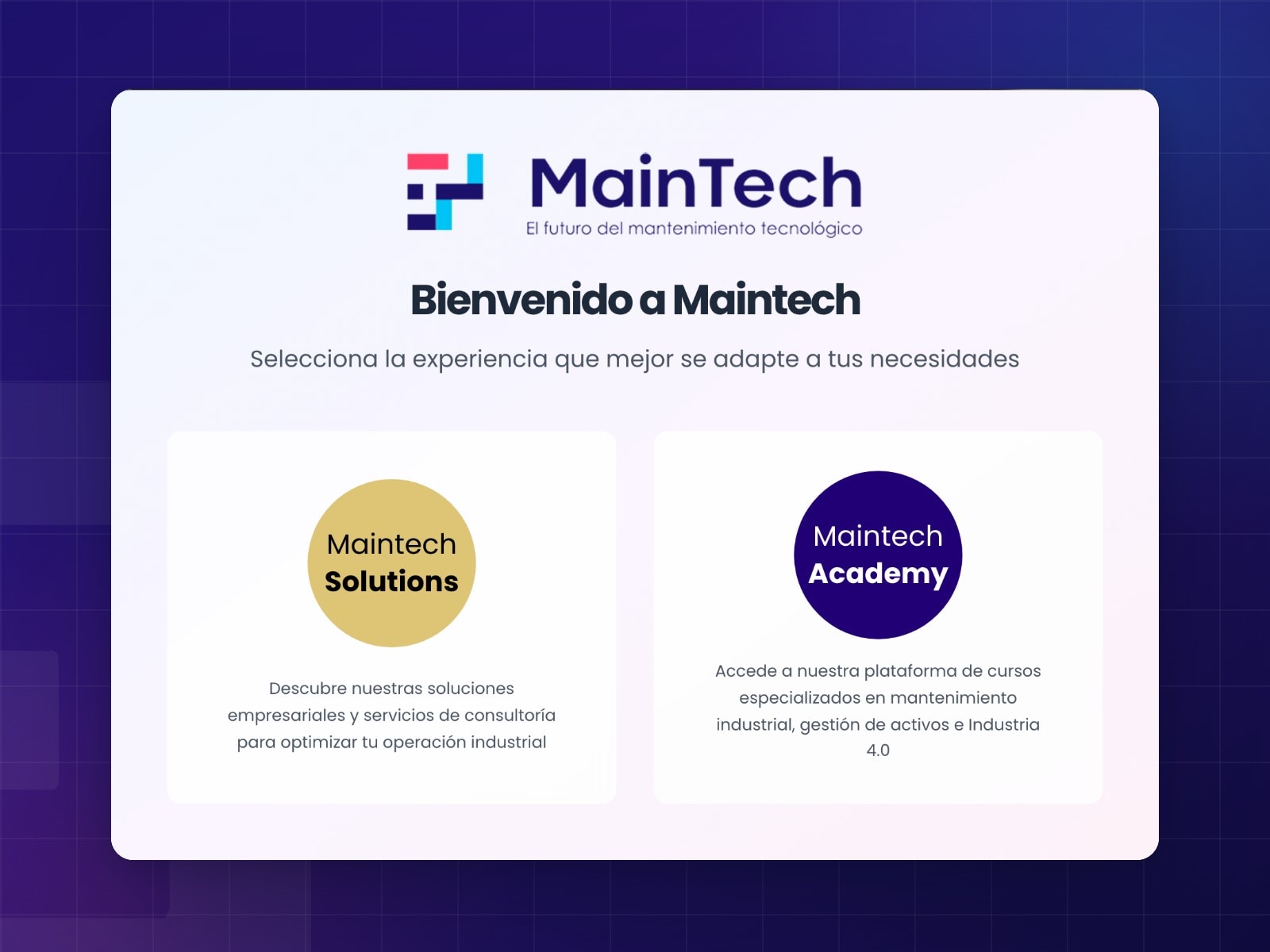 La pantalla de entrada de maintech.com.pe, con las tarjetas de Solutions y Academy