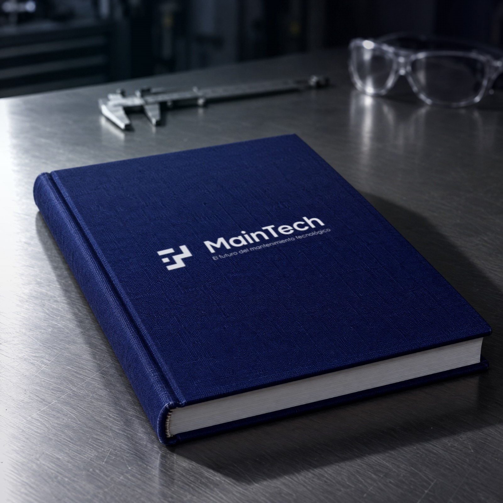 Un manual de tapa dura en tela índigo con el logotipo de MainTech estampado en blanco, sobre un banco de taller