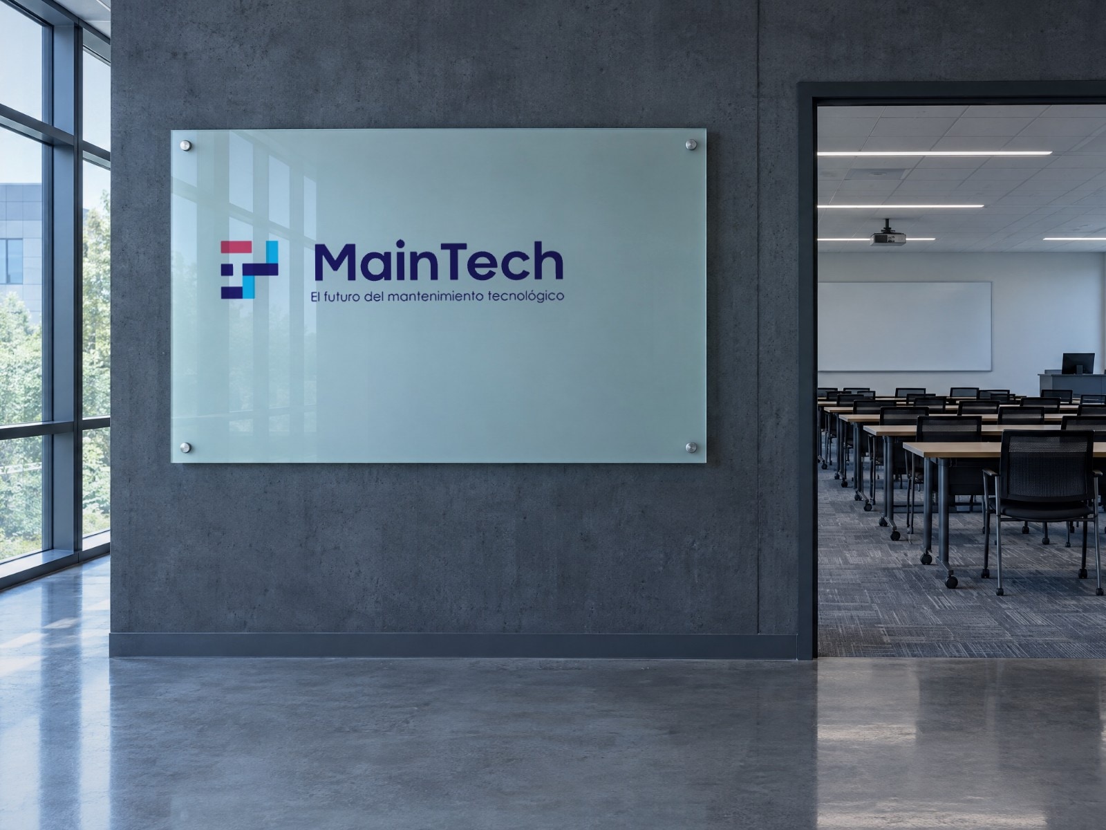 Un panel de vidrio con el logotipo de MainTech, a la entrada de una sala de formación