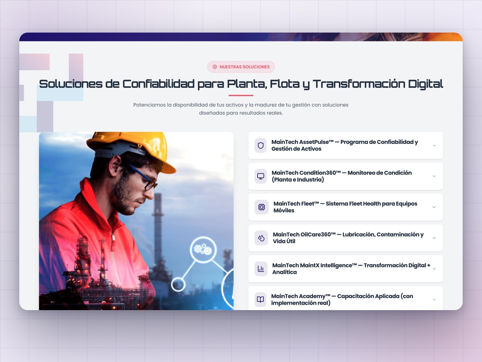 La página de soluciones de MainTech con la lista de seis servicios