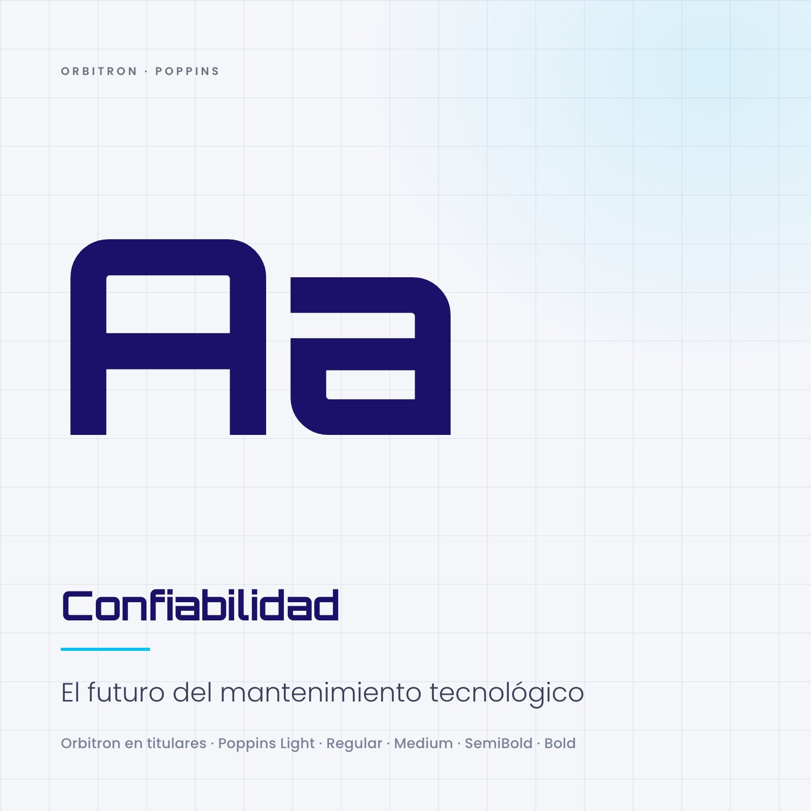 Espécimen tipográfico con la «Aa» en Orbitron y una línea en Poppins